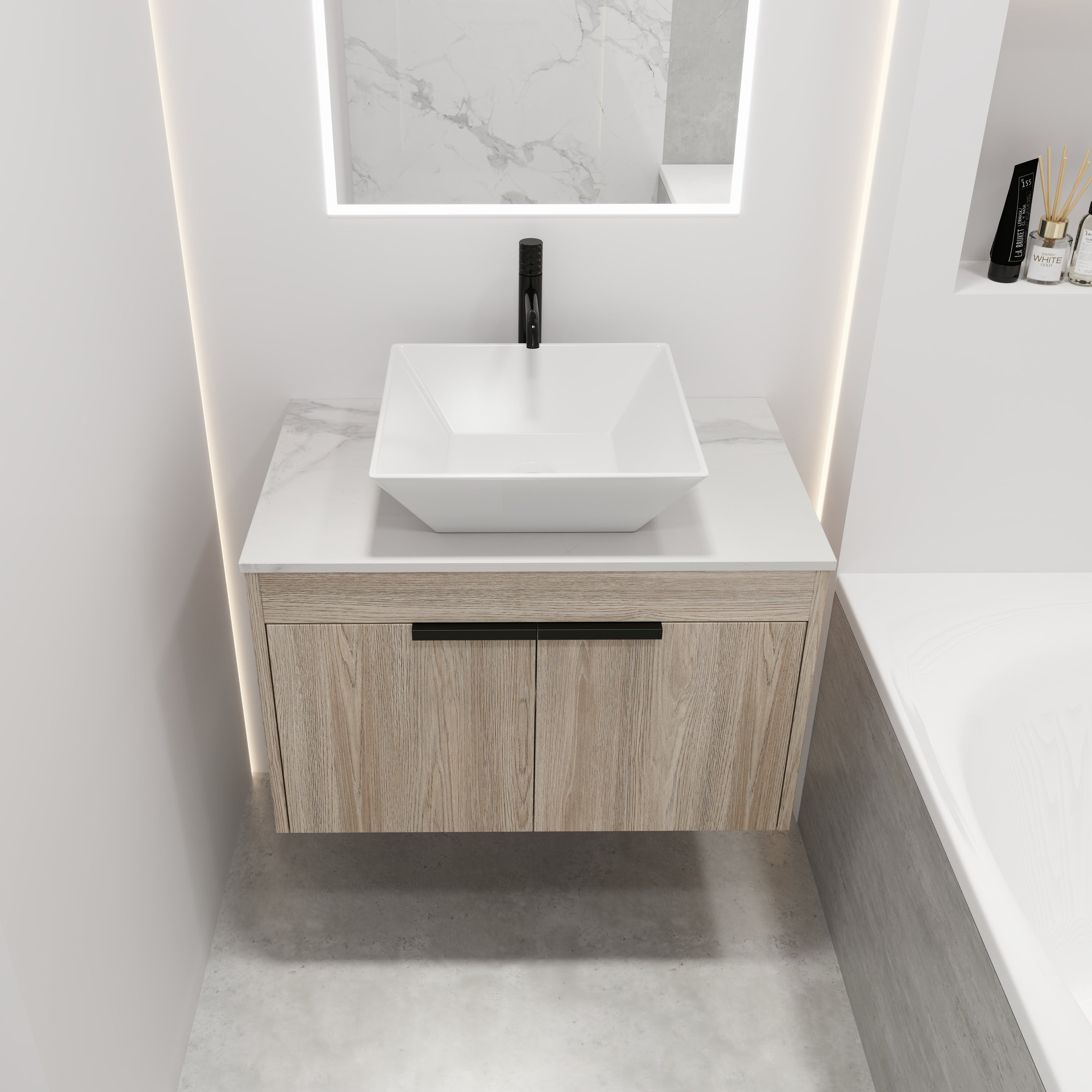 Wall-Mounted Bathroom Vanity in White Oak with White Ceramic Vessel Sink