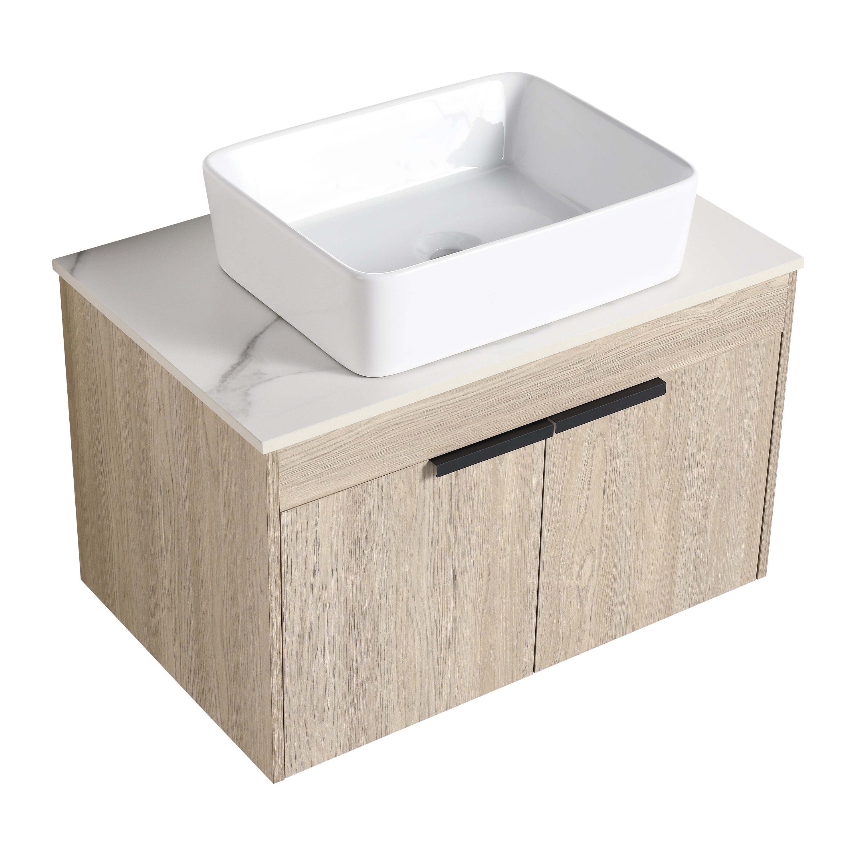 Wall-Mounted Bathroom Vanity in White Oak with White Ceramic Vessel Sink