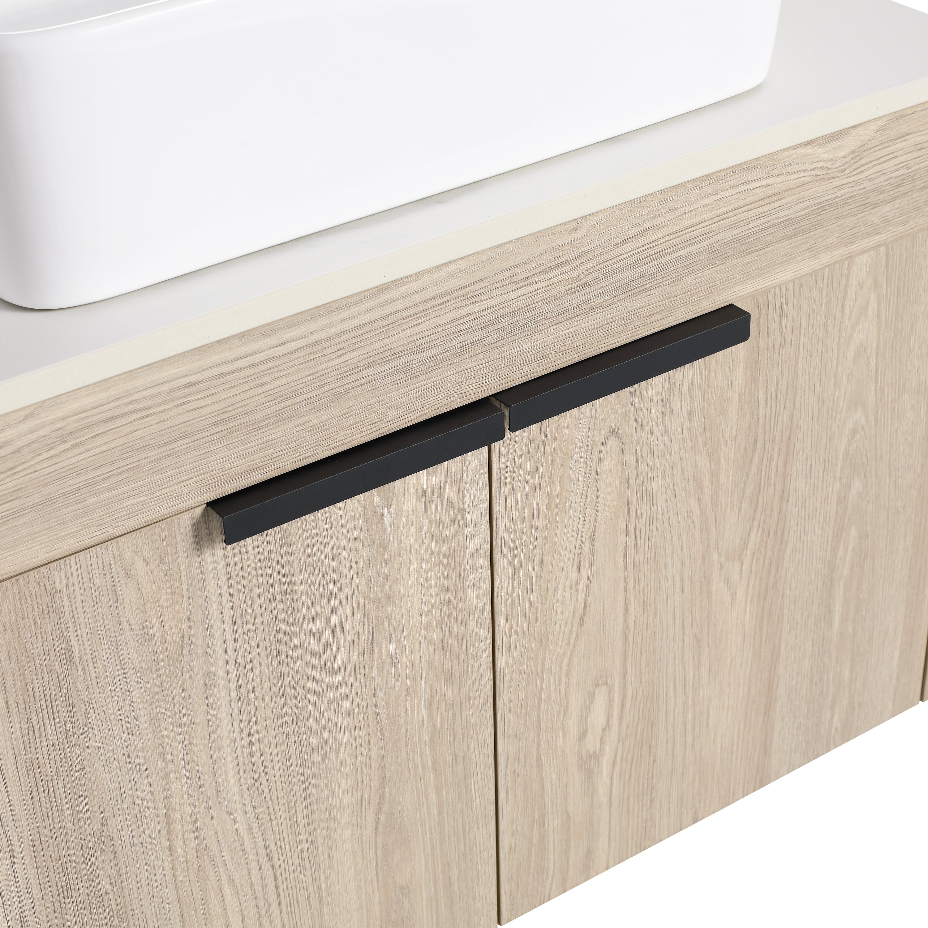 Wall-Mounted Bathroom Vanity in White Oak with White Ceramic Vessel Sink