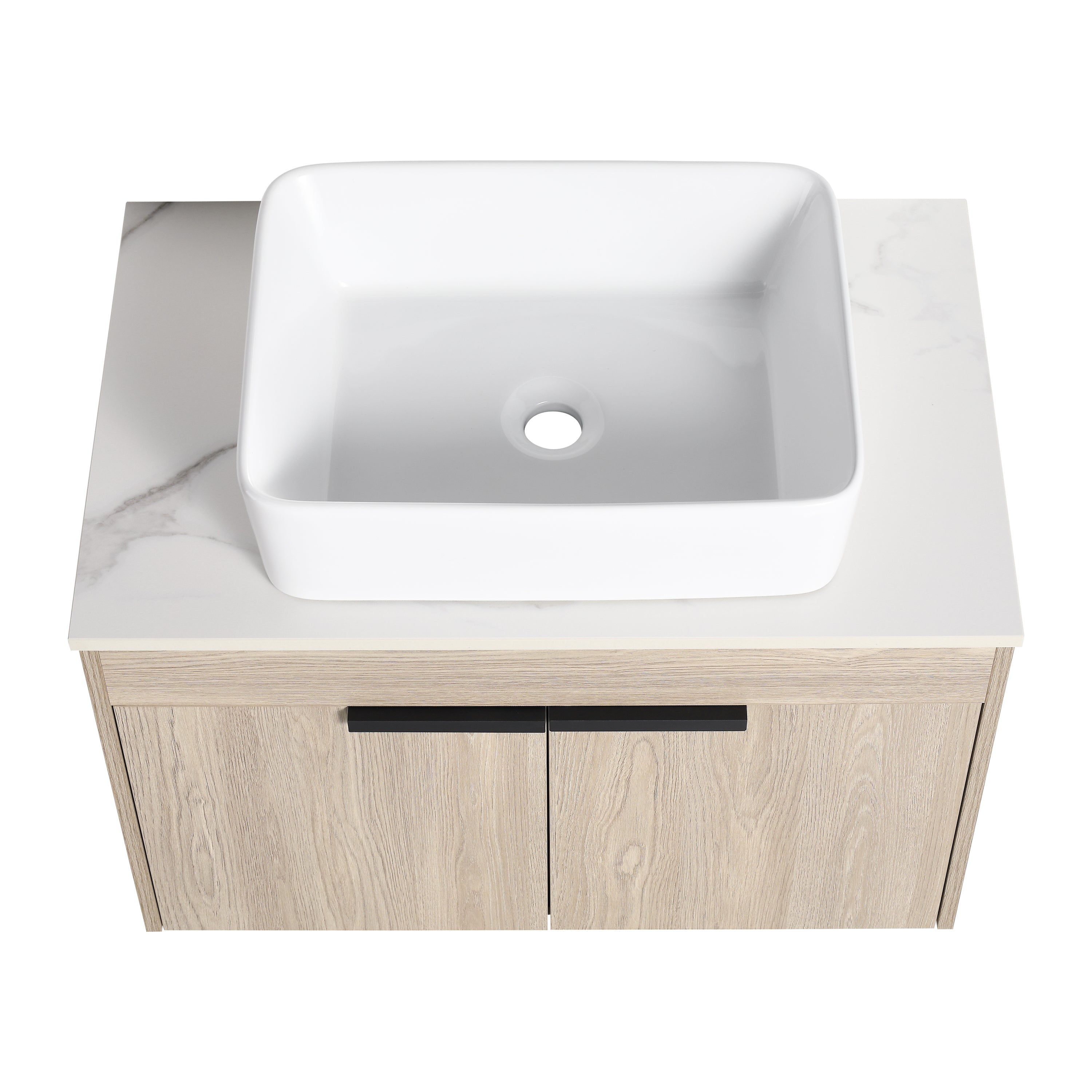 Wall-Mounted Bathroom Vanity in White Oak with White Ceramic Vessel Sink