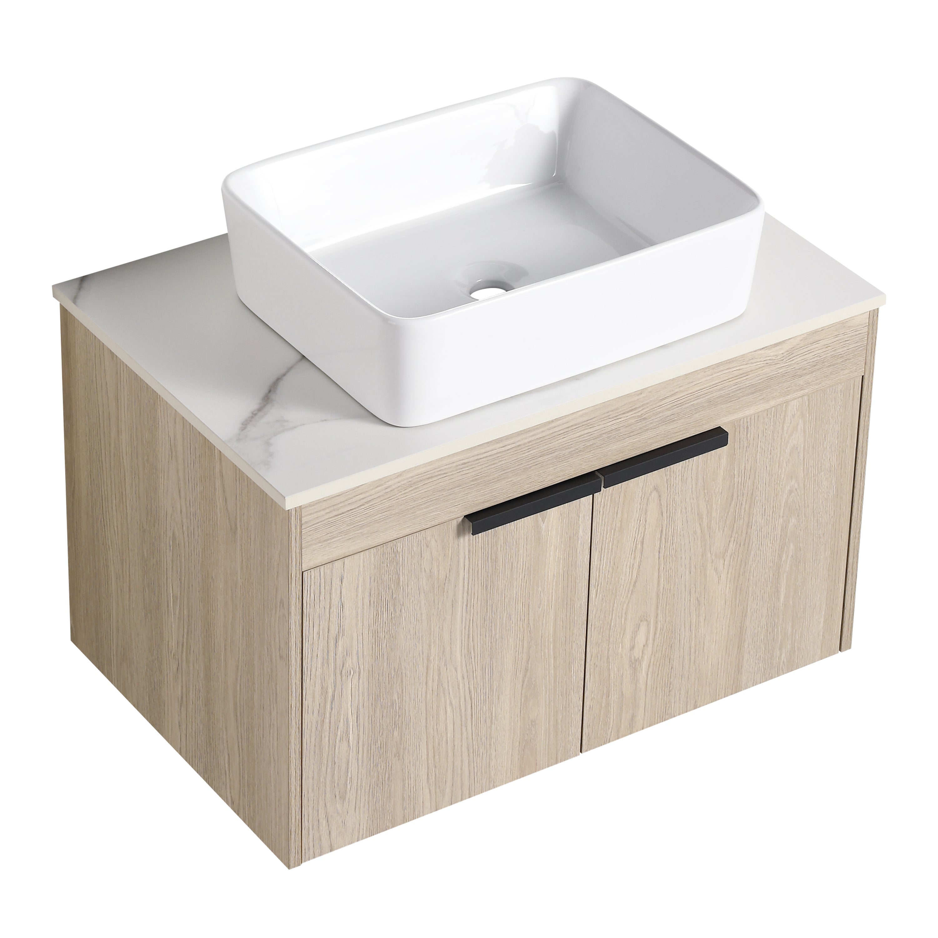 Wall-Mounted Bathroom Vanity in White Oak with White Ceramic Vessel Sink