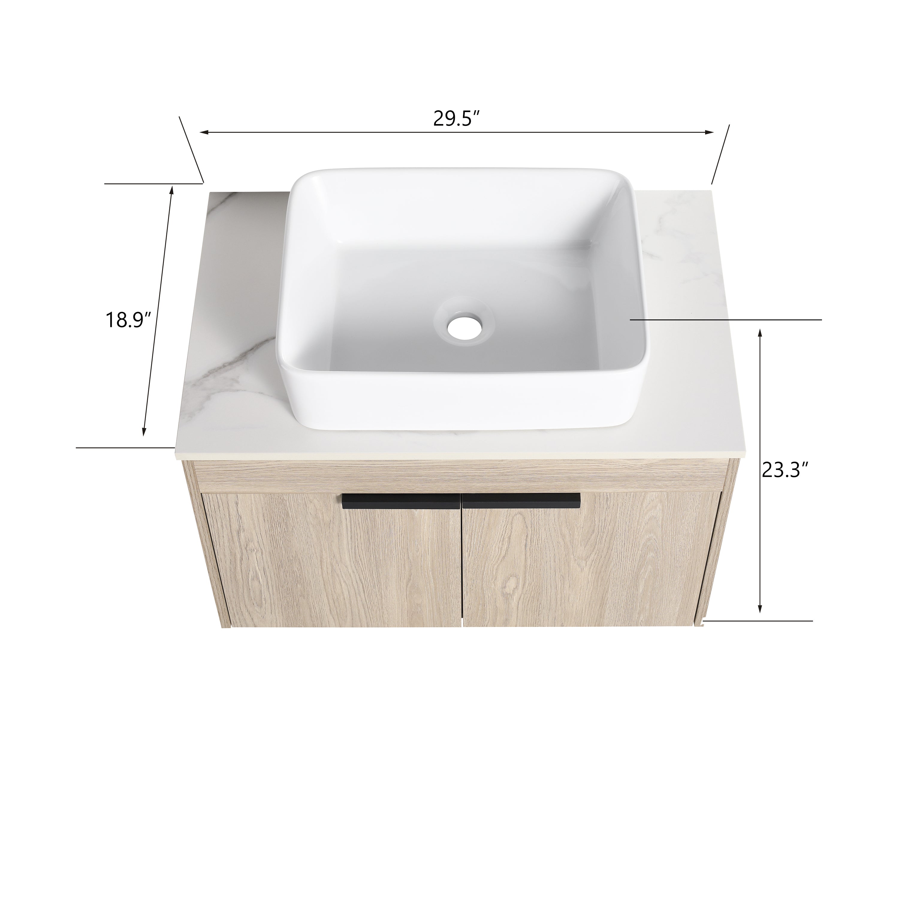 Wall-Mounted Bathroom Vanity in White Oak with White Ceramic Vessel Sink