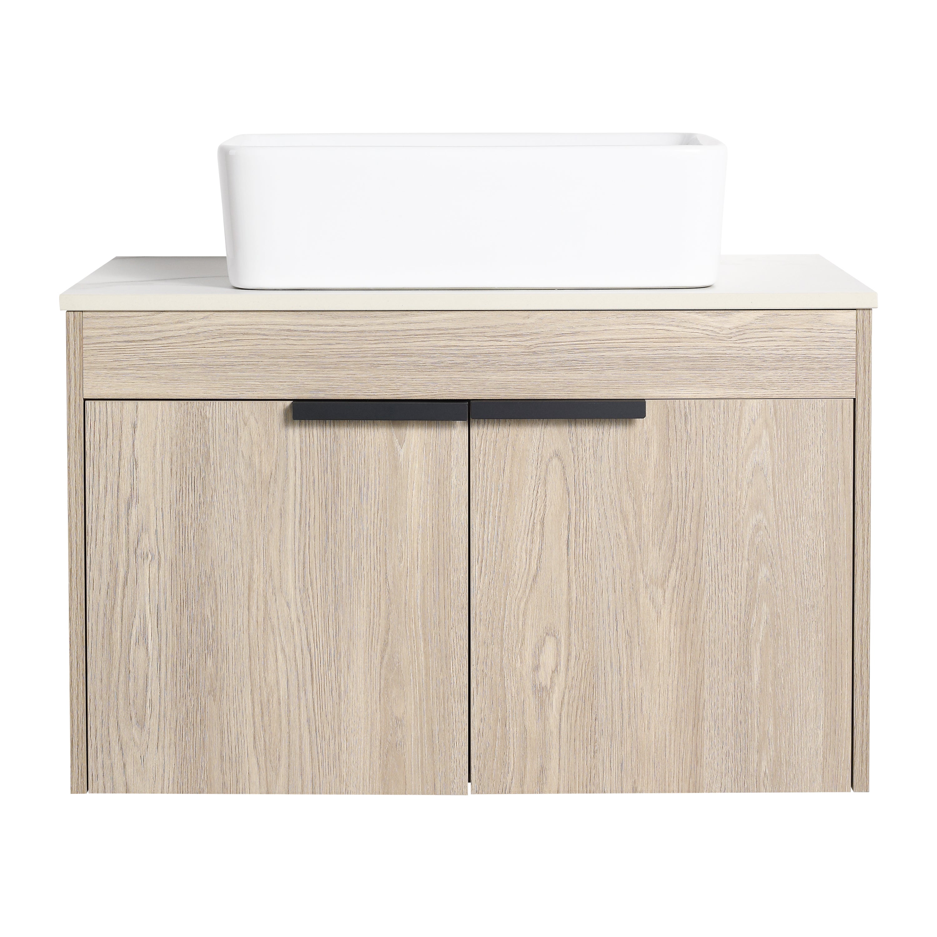 Wall-Mounted Bathroom Vanity in White Oak with White Ceramic Vessel Sink