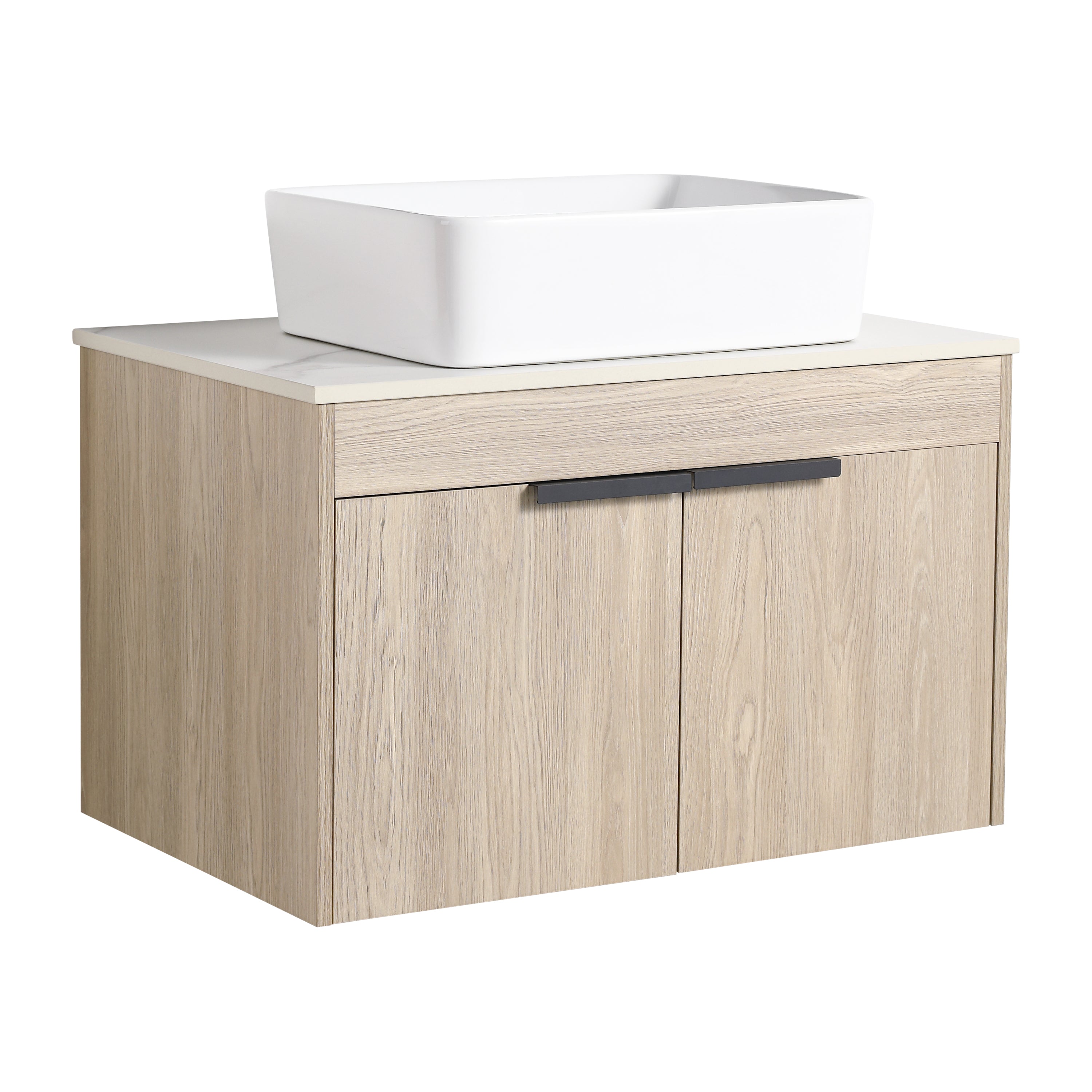 Wall-Mounted Bathroom Vanity in White Oak with White Ceramic Vessel Sink