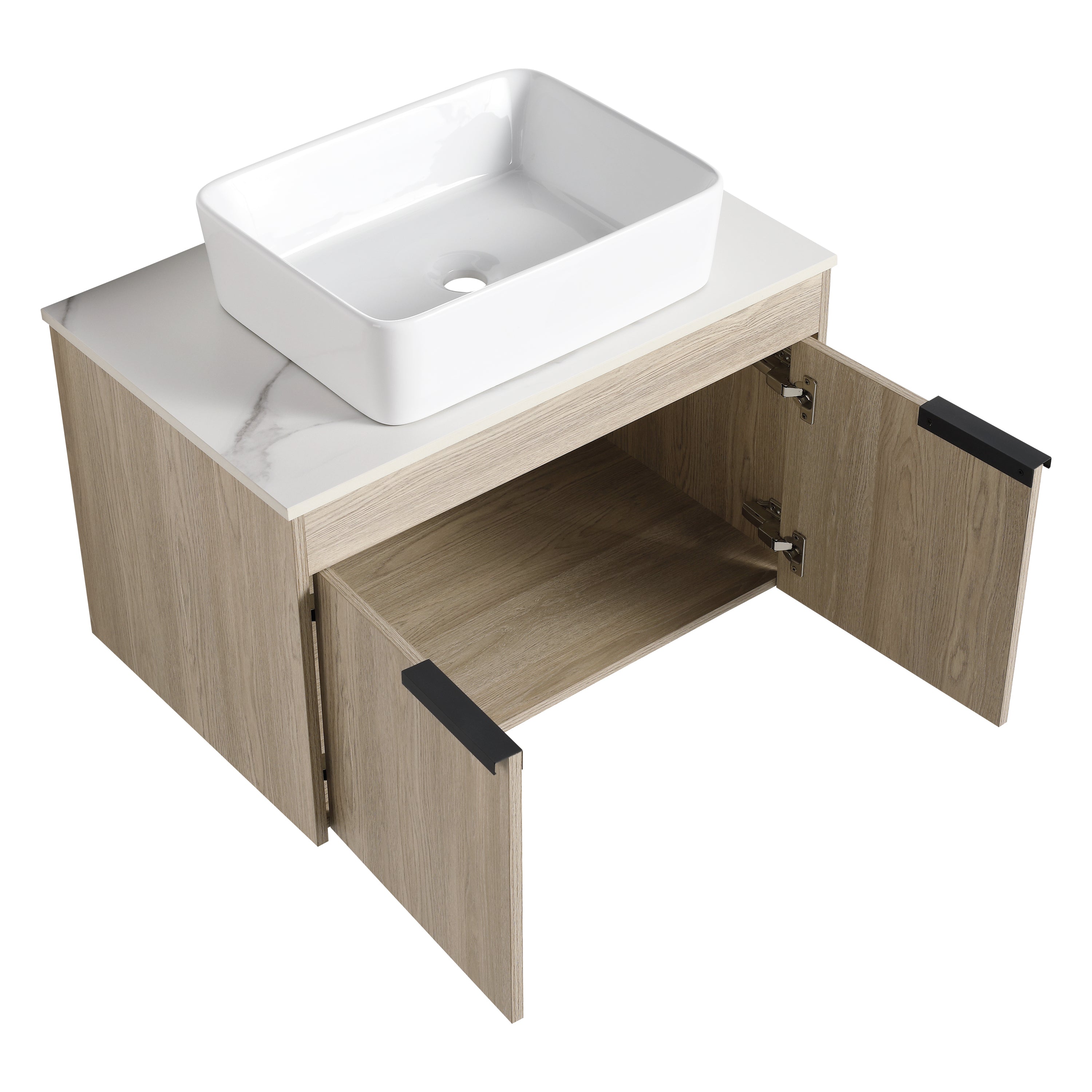 Wall-Mounted Bathroom Vanity in White Oak with White Ceramic Vessel Sink