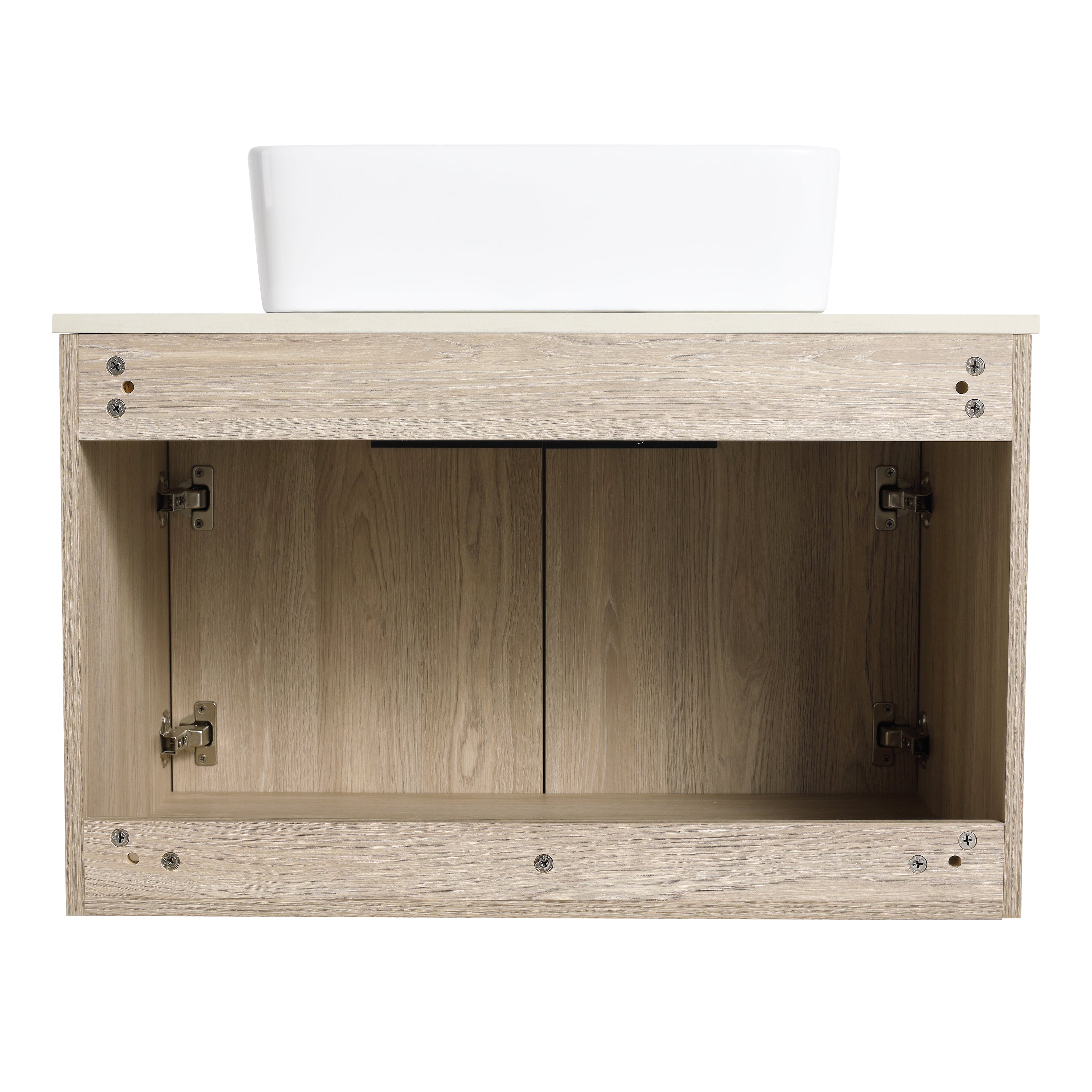 Wall-Mounted Bathroom Vanity in White Oak with White Ceramic Vessel Sink