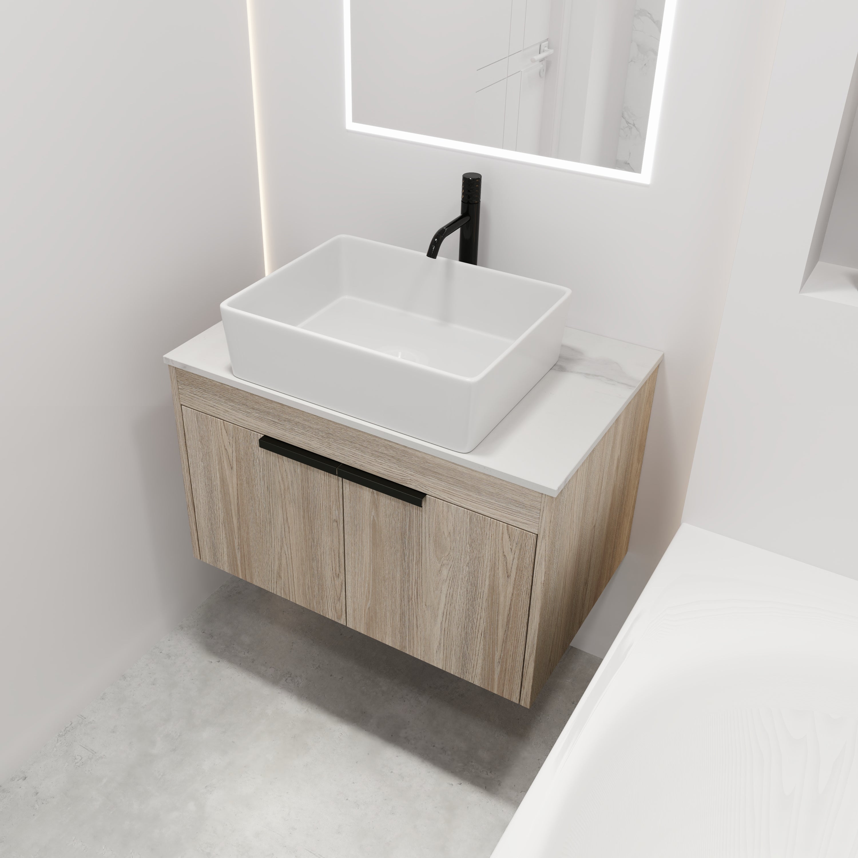 Wall-Mounted Bathroom Vanity in White Oak with White Ceramic Vessel Sink