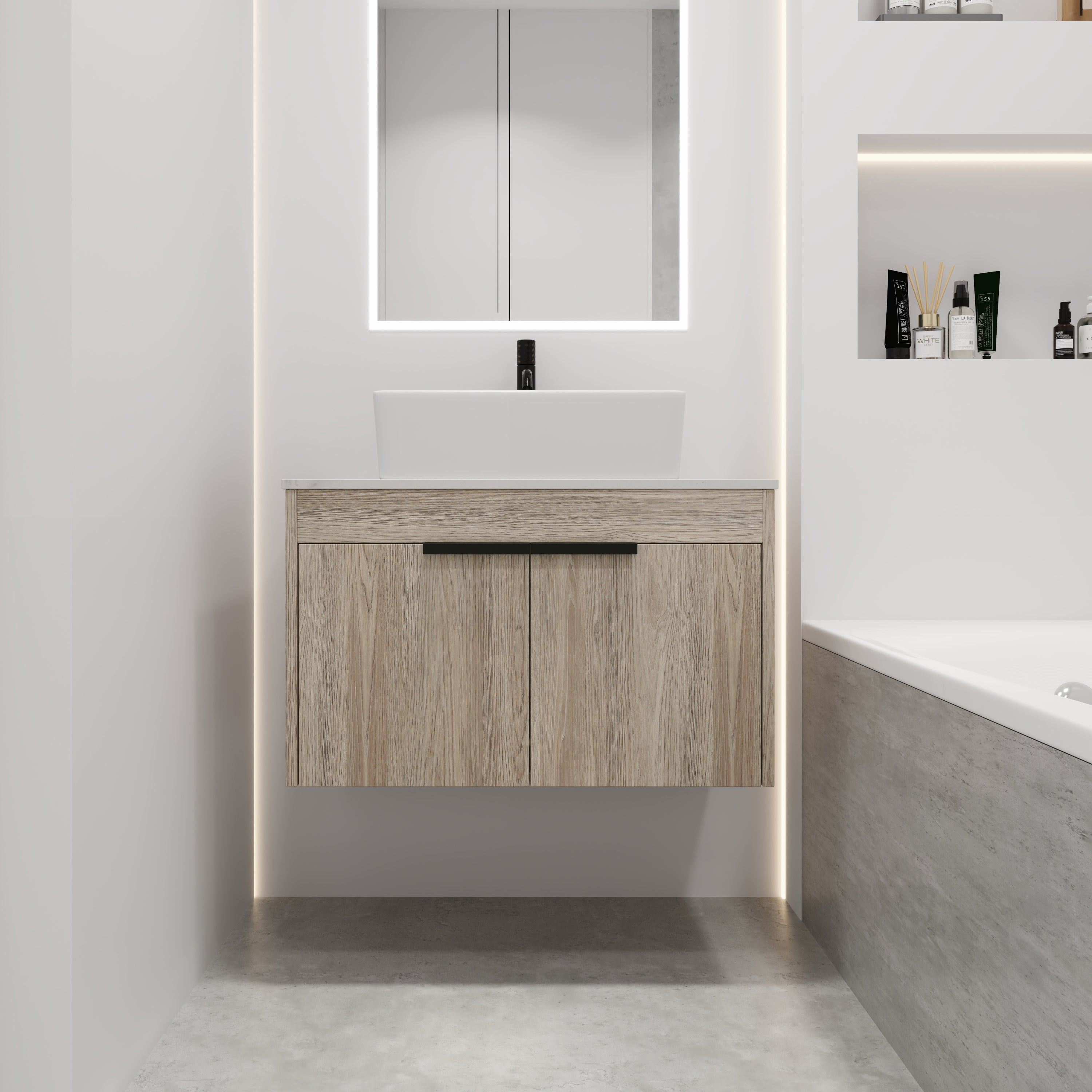 Wall-Mounted Bathroom Vanity in White Oak with White Ceramic Vessel Sink