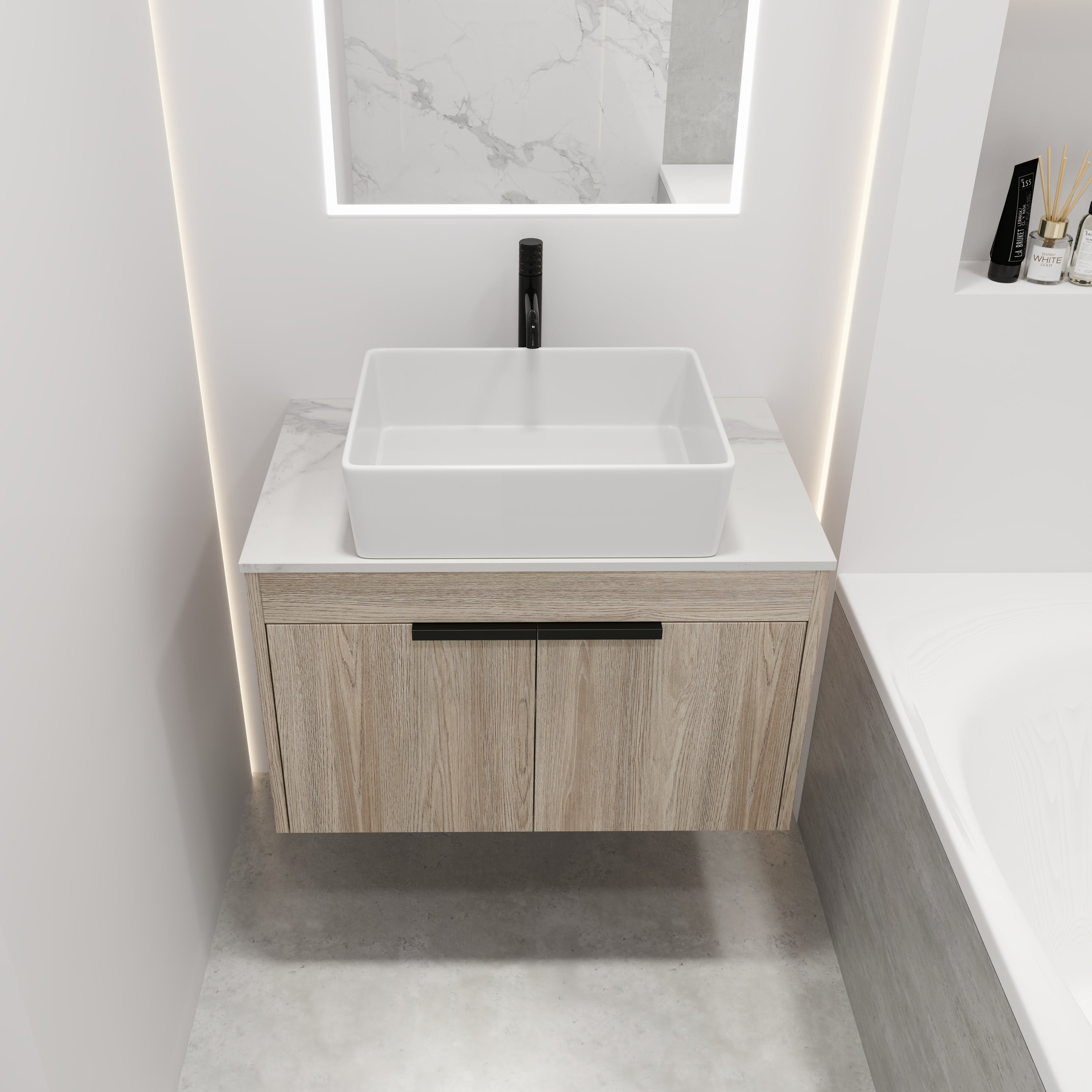 Wall-Mounted Bathroom Vanity in White Oak with White Ceramic Vessel Sink