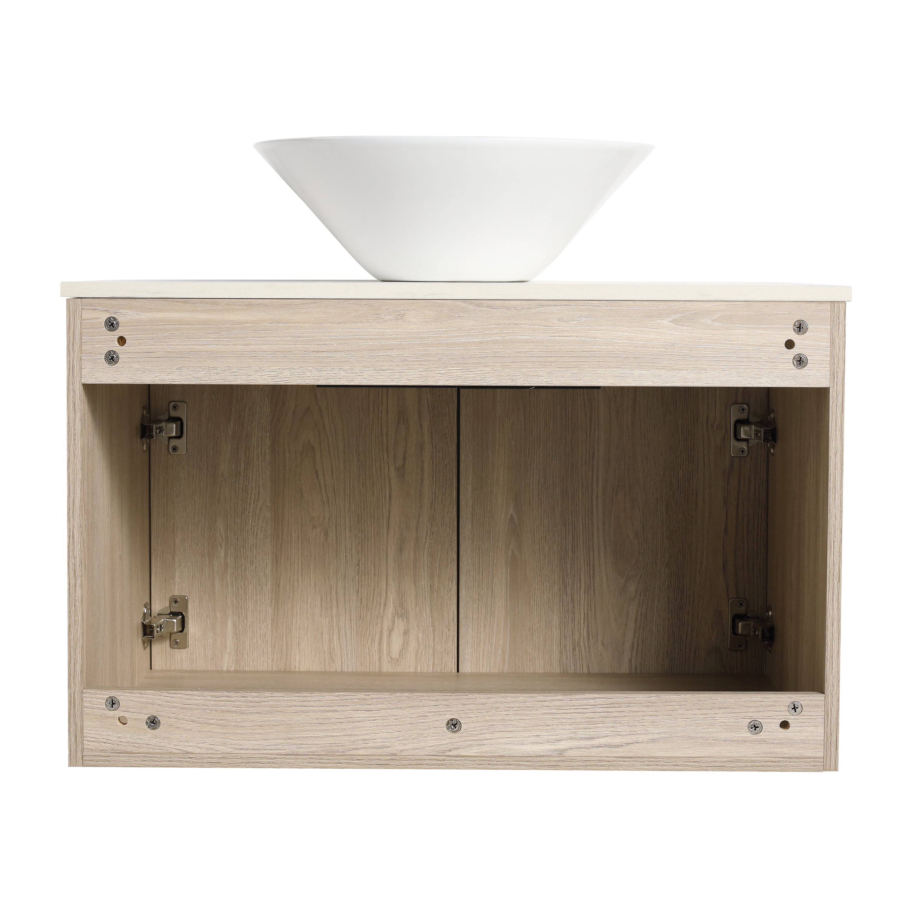 Wall-Mounted Bathroom Vanity in White Oak with White Ceramic Vessel Sink