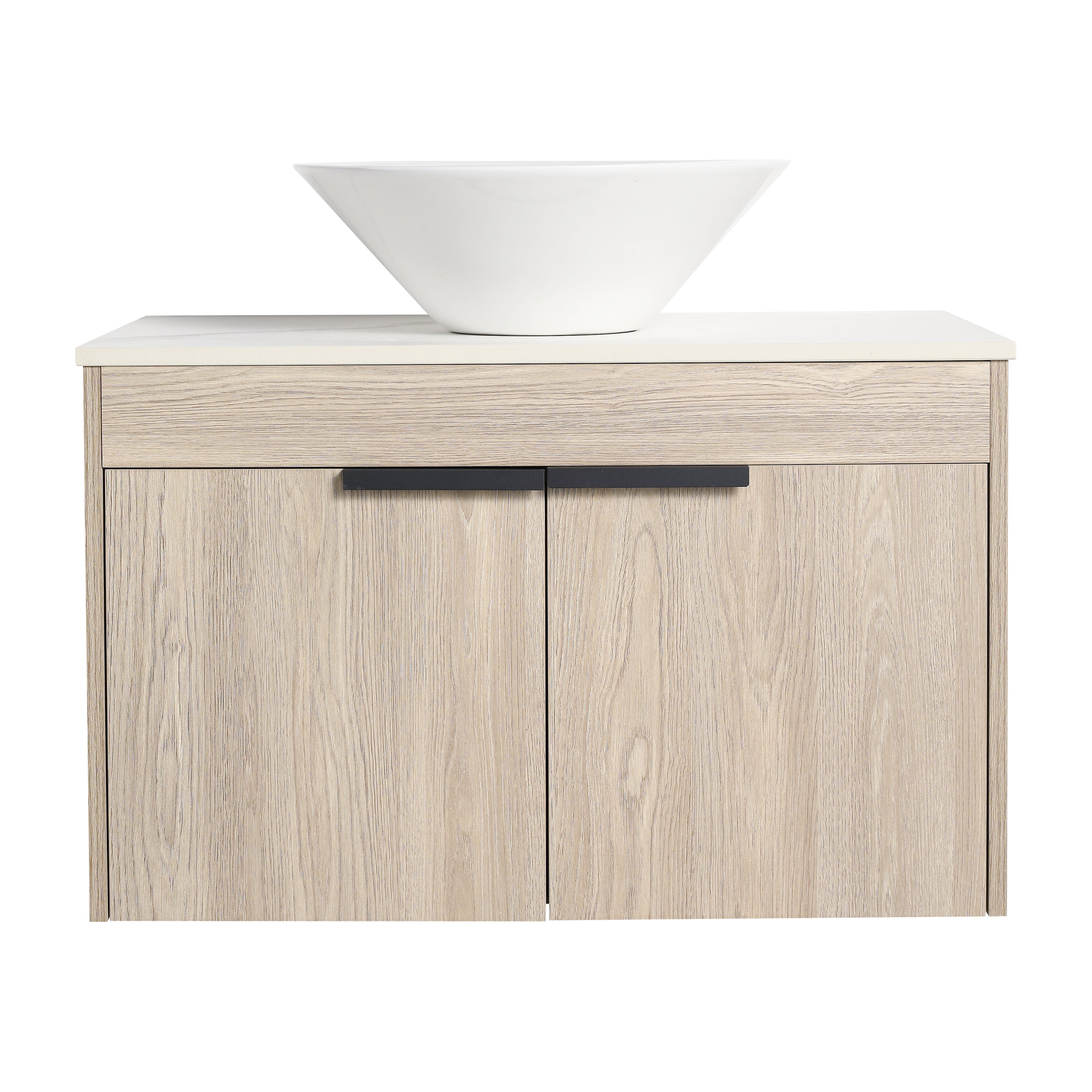 Wall-Mounted Bathroom Vanity in White Oak with White Ceramic Vessel Sink