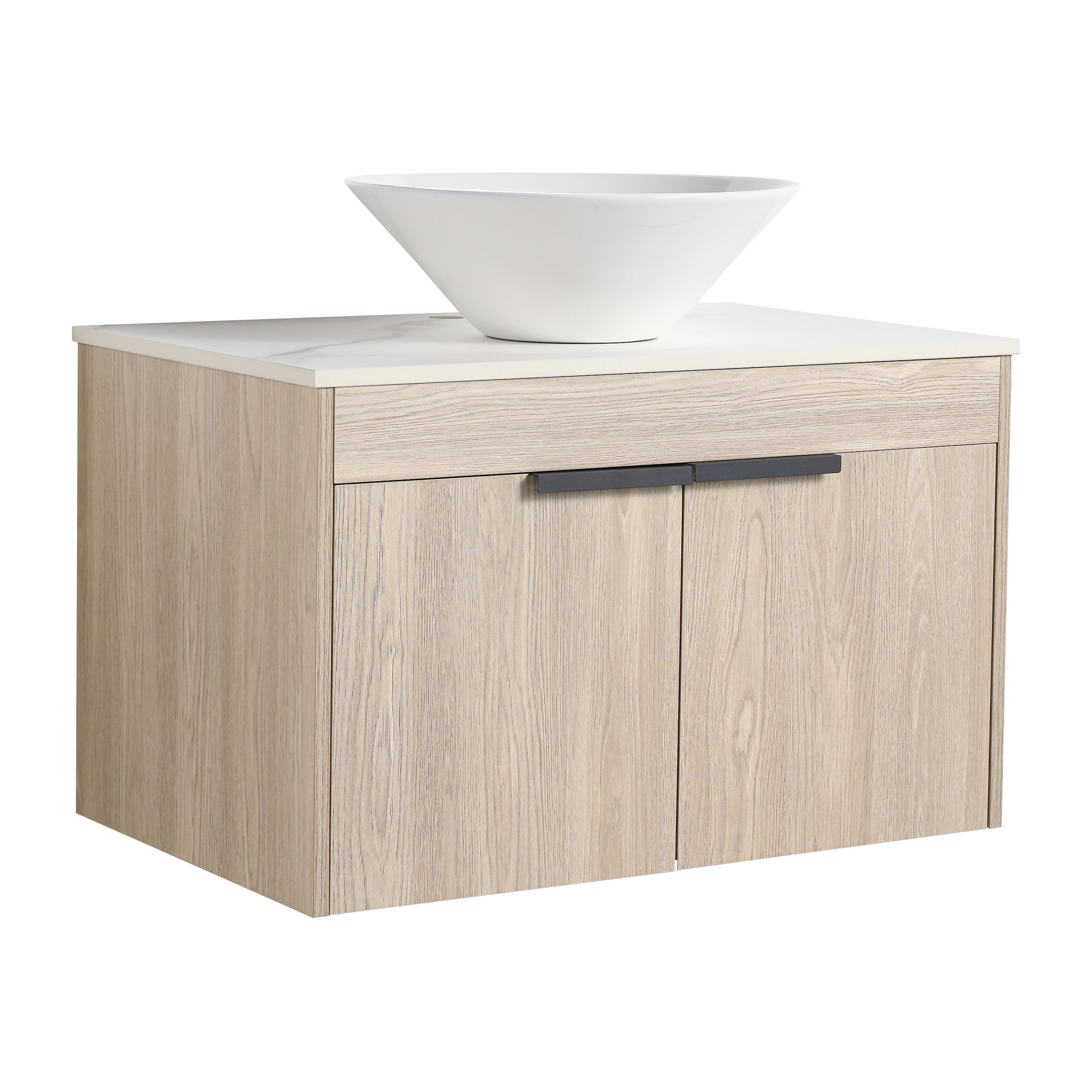 Wall-Mounted Bathroom Vanity in White Oak with White Ceramic Vessel Sink