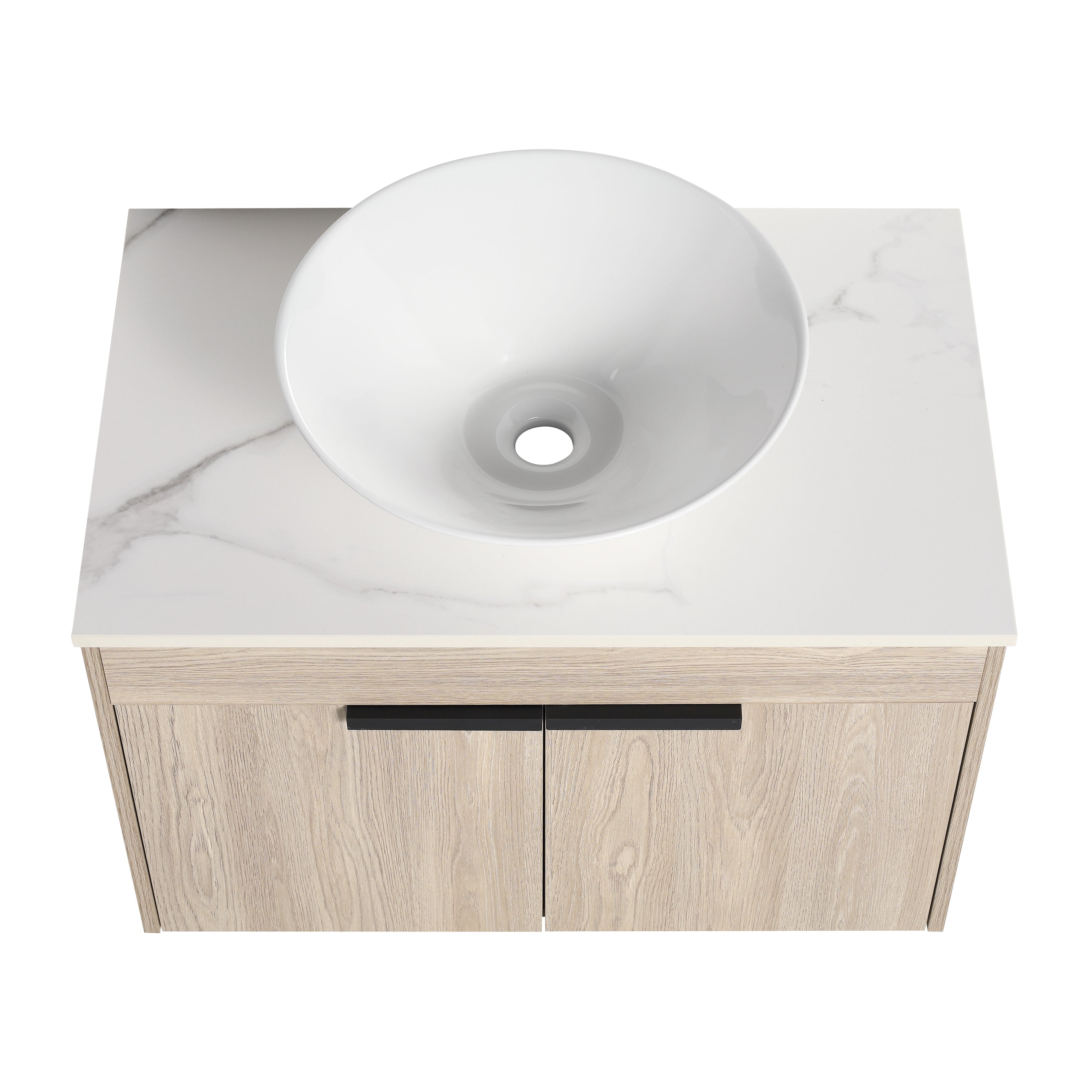 Wall-Mounted Bathroom Vanity in White Oak with White Ceramic Vessel Sink