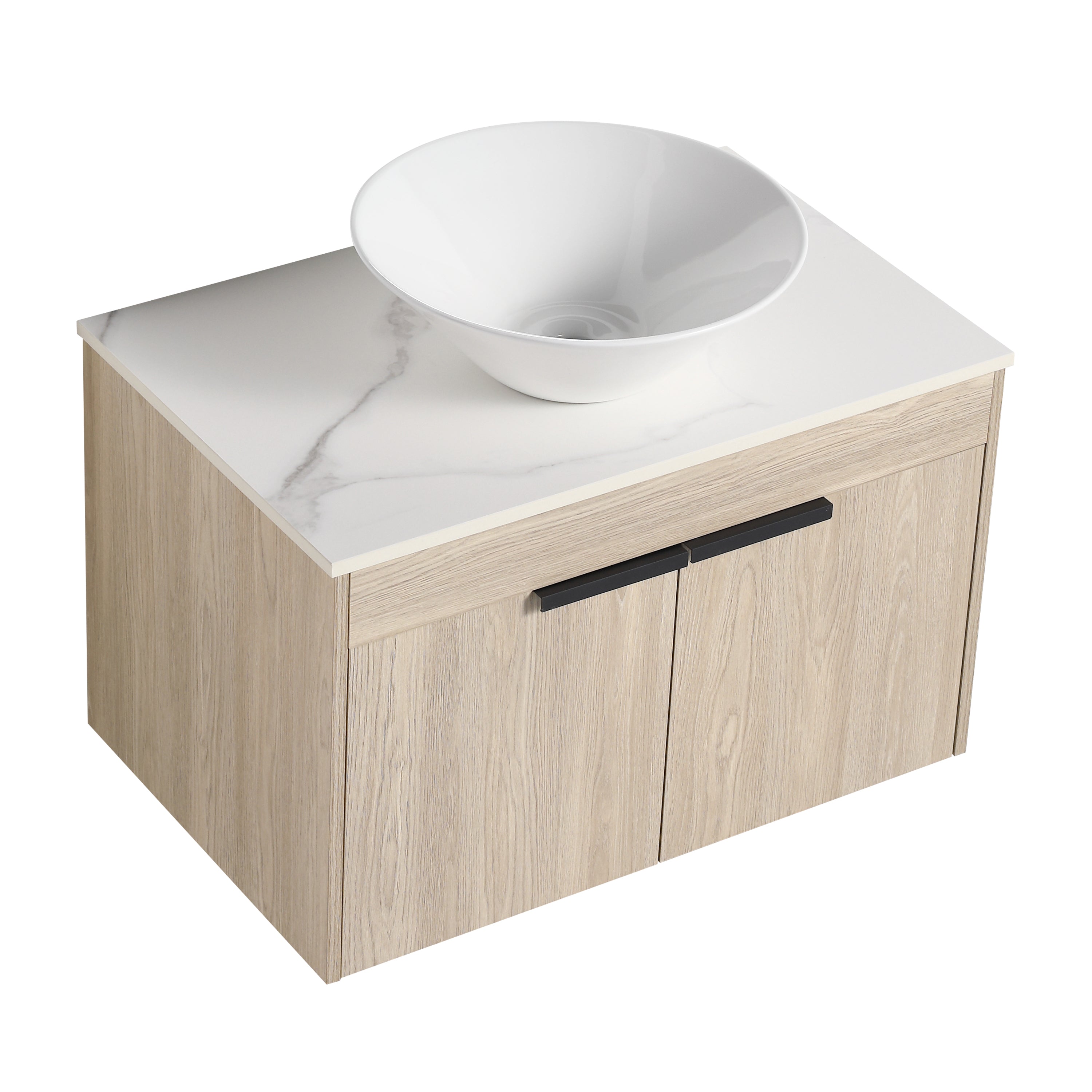 Wall-Mounted Bathroom Vanity in White Oak with White Ceramic Vessel Sink