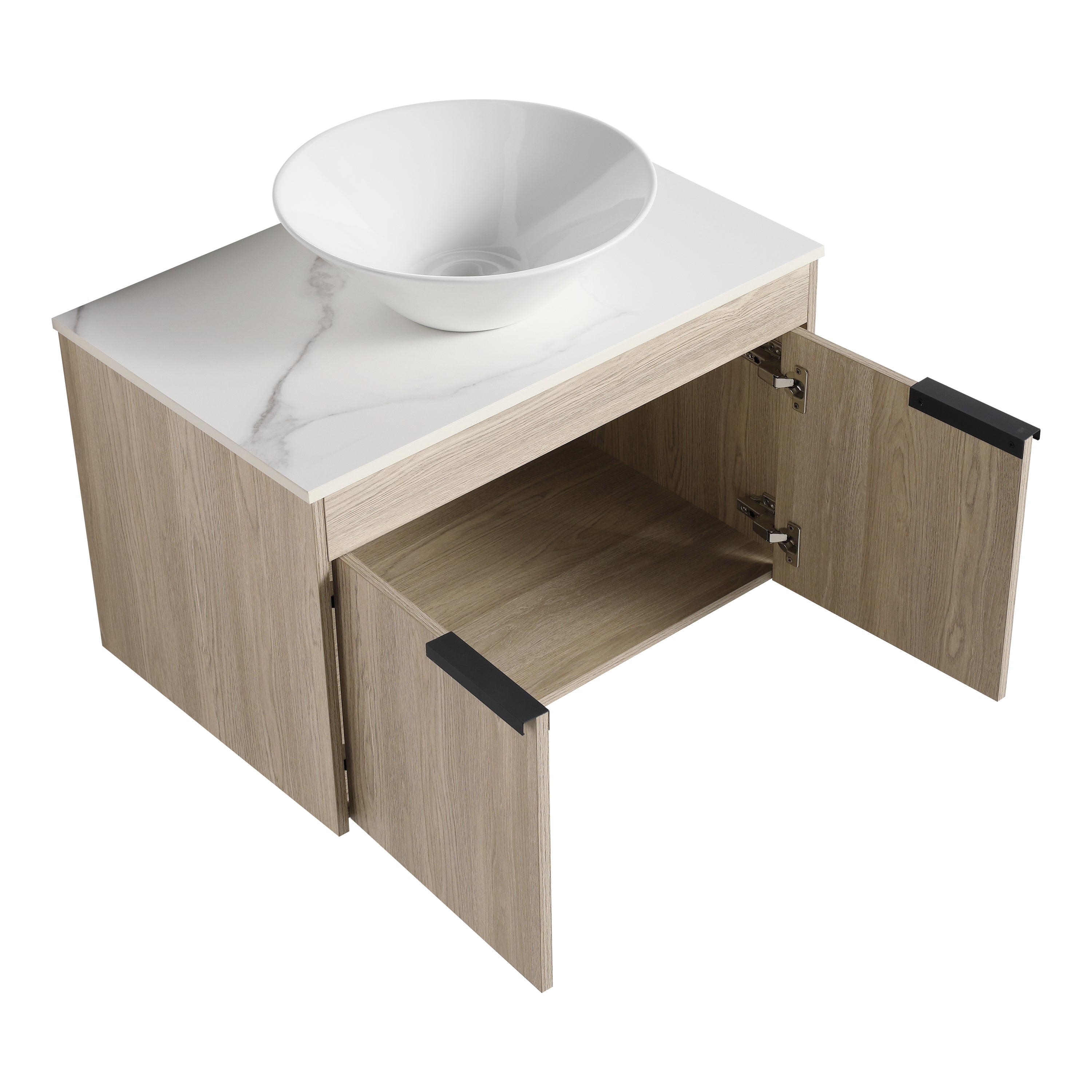 Wall-Mounted Bathroom Vanity in White Oak with White Ceramic Vessel Sink