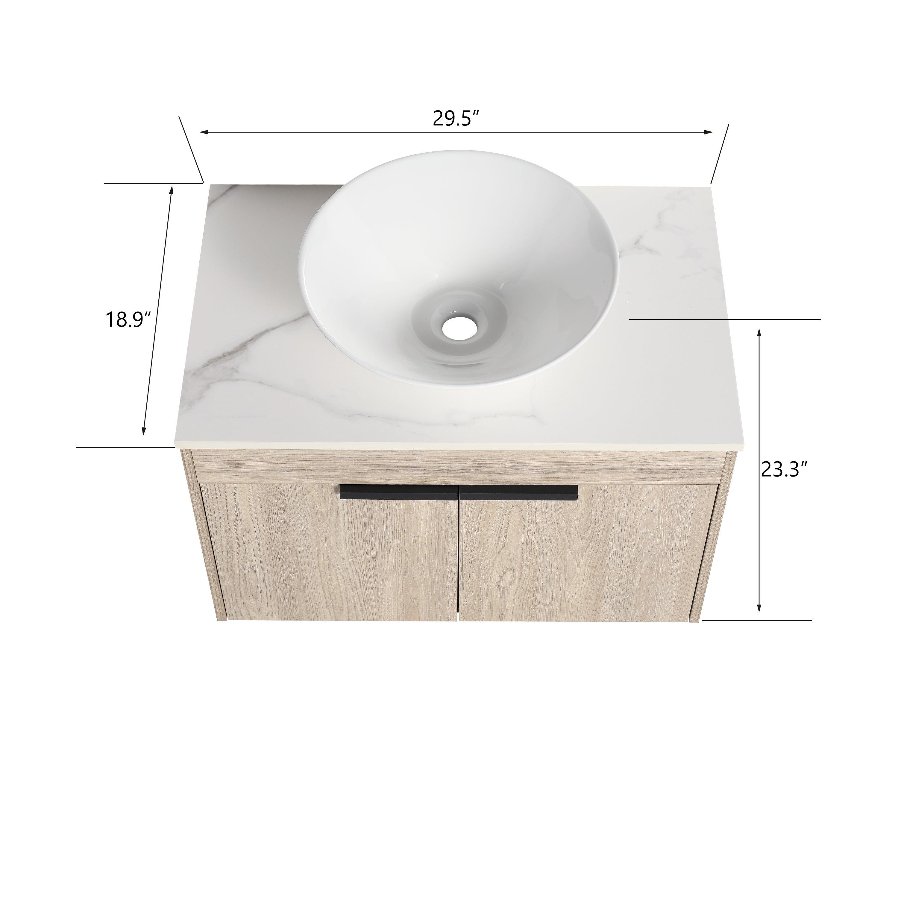 Wall-Mounted Bathroom Vanity in White Oak with White Ceramic Vessel Sink