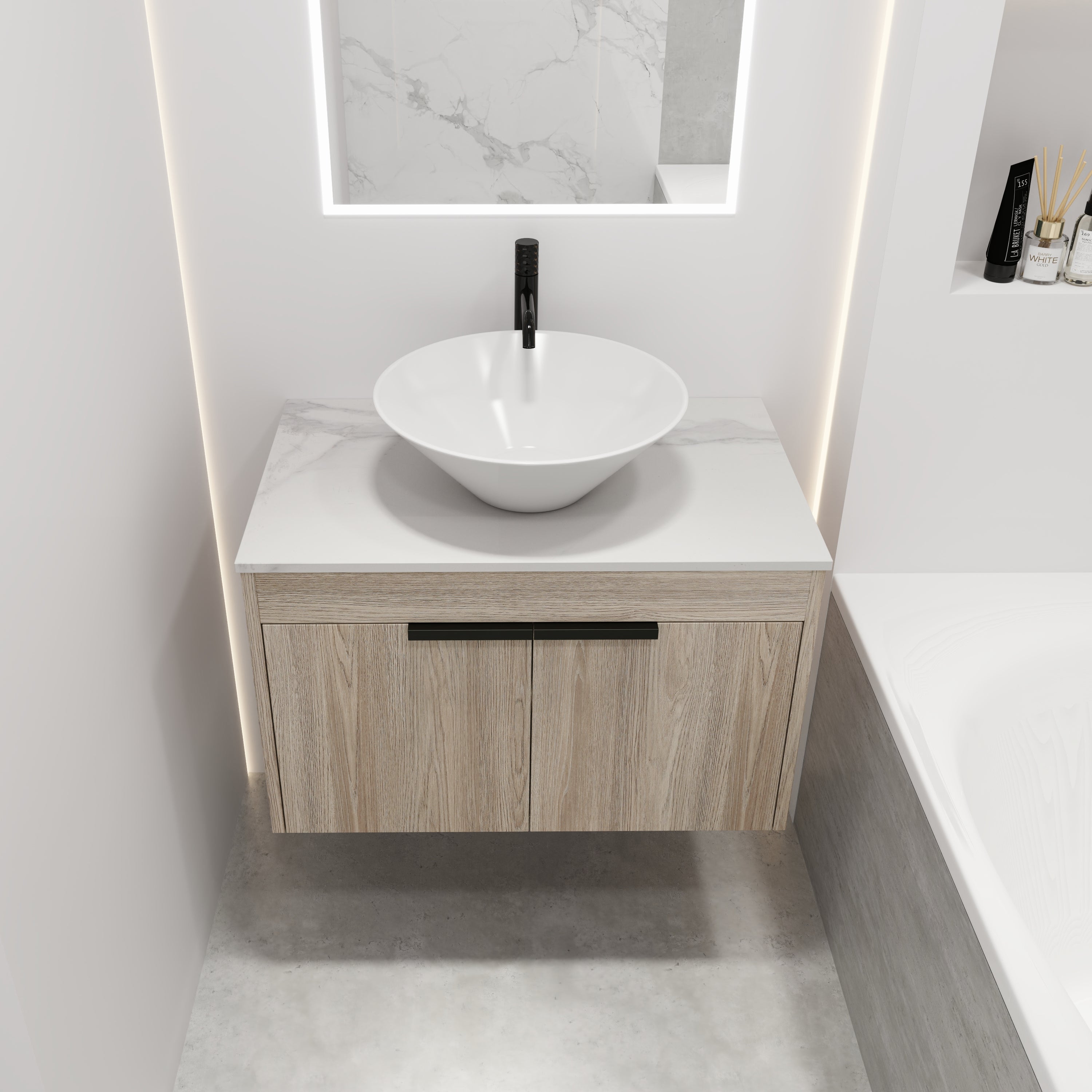 Wall-Mounted Bathroom Vanity in White Oak with White Ceramic Vessel Sink