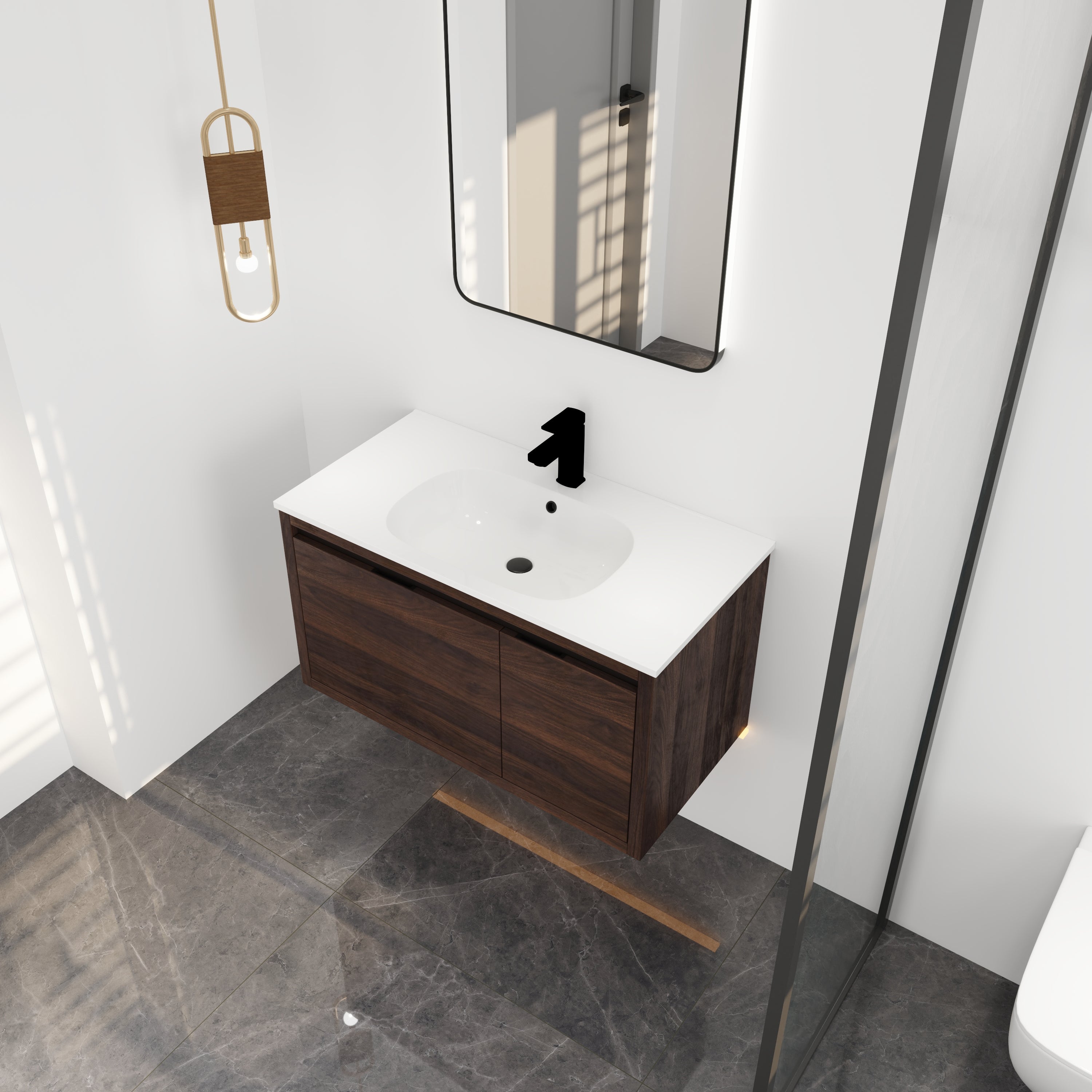 36 in. Plywood Wall Mounted Bathroom Vanity Set in California Walnut with Integrated Ceramic Sink
