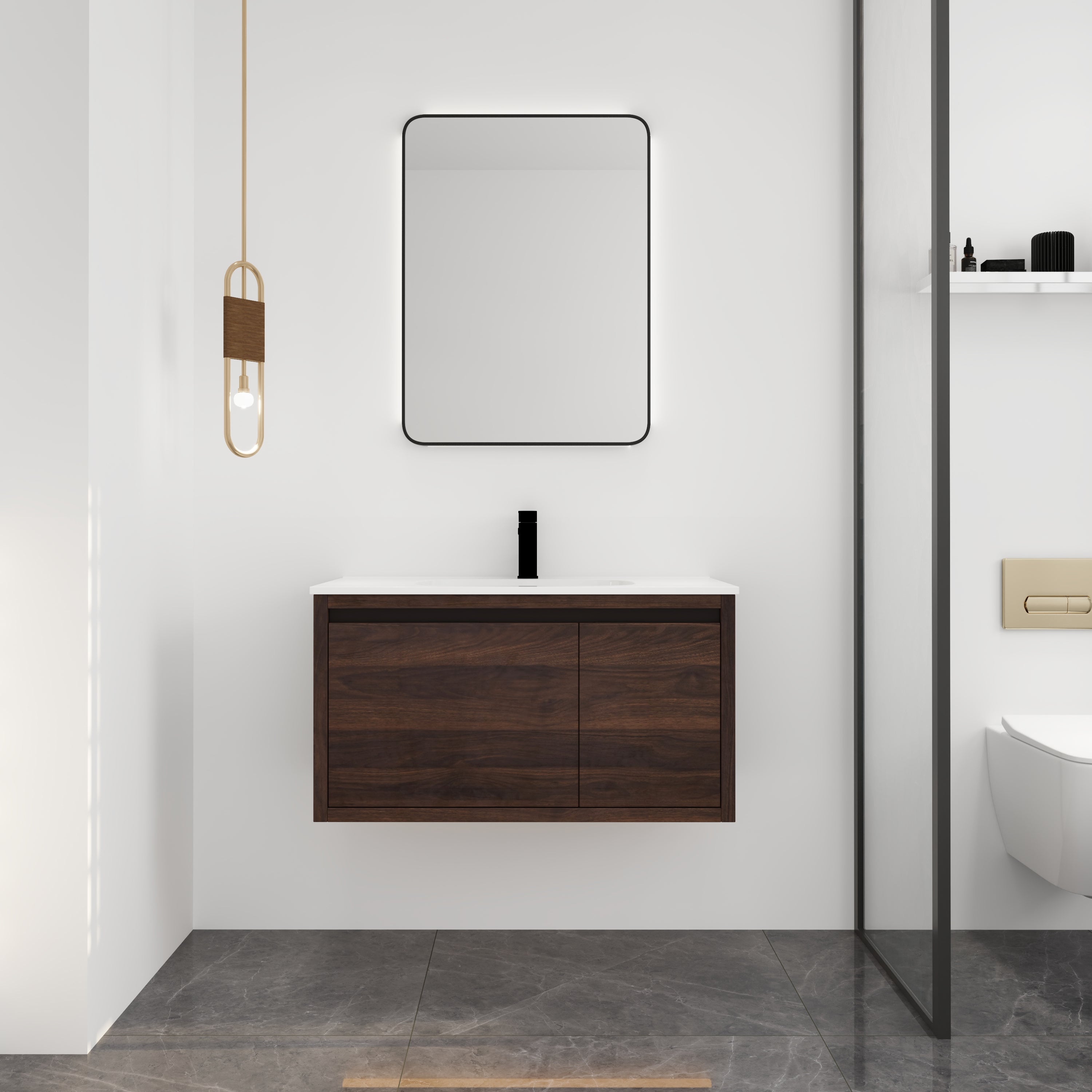 36 in. Plywood Wall Mounted Bathroom Vanity Set in California Walnut with Integrated Ceramic Sink