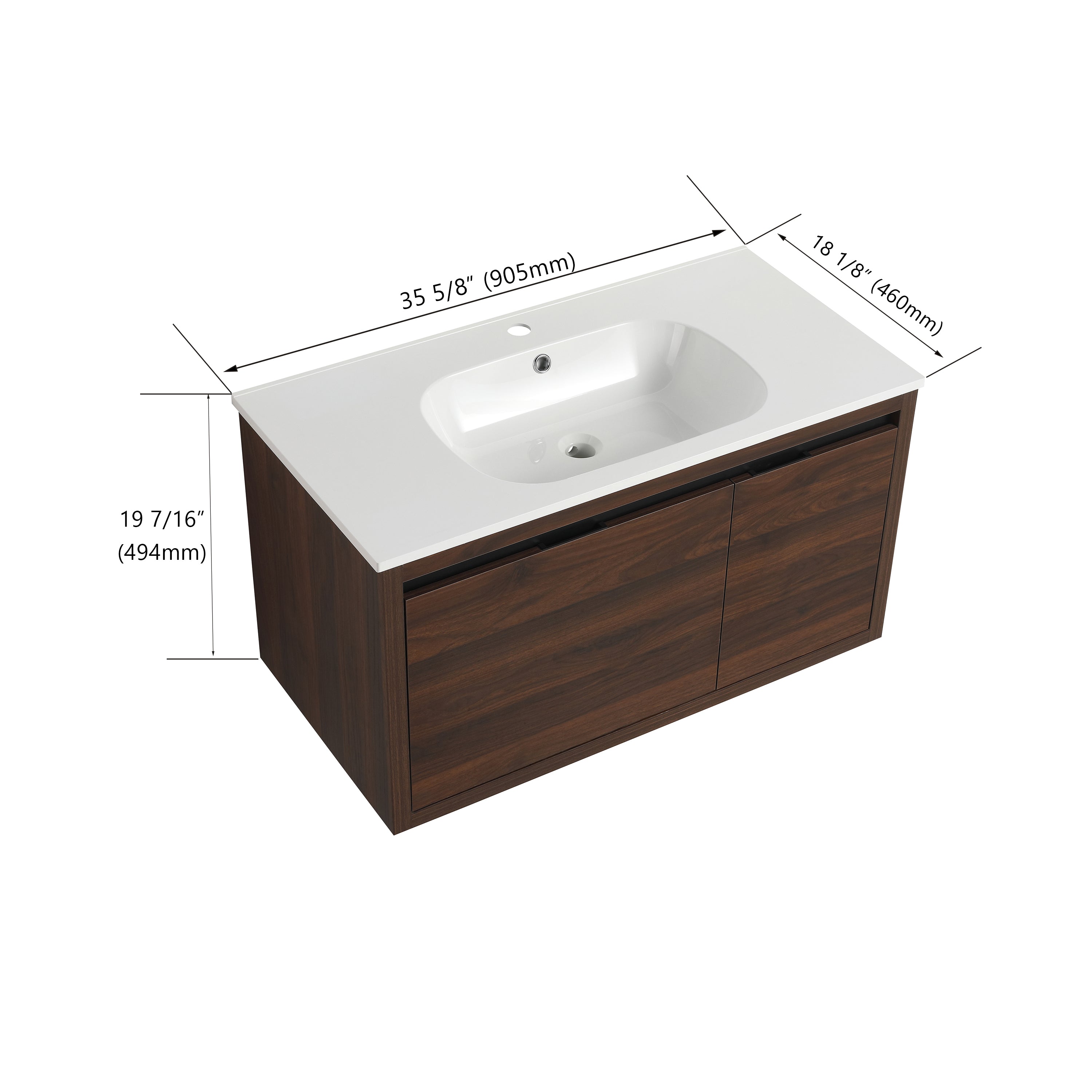 36 in. Plywood Wall Mounted Bathroom Vanity Set in California Walnut with Integrated Ceramic Sink