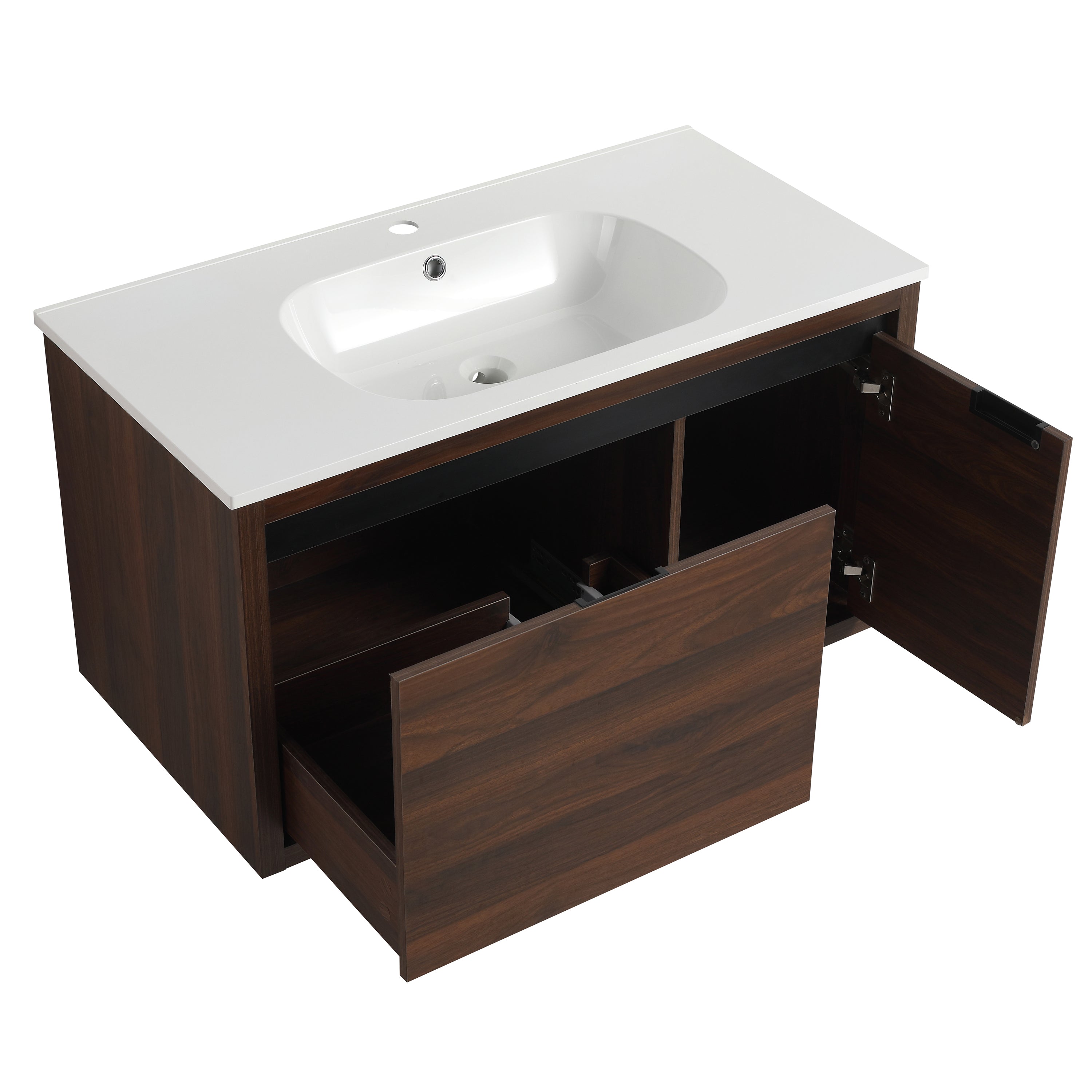 36 in. Plywood Wall Mounted Bathroom Vanity Set in California Walnut with Integrated Ceramic Sink