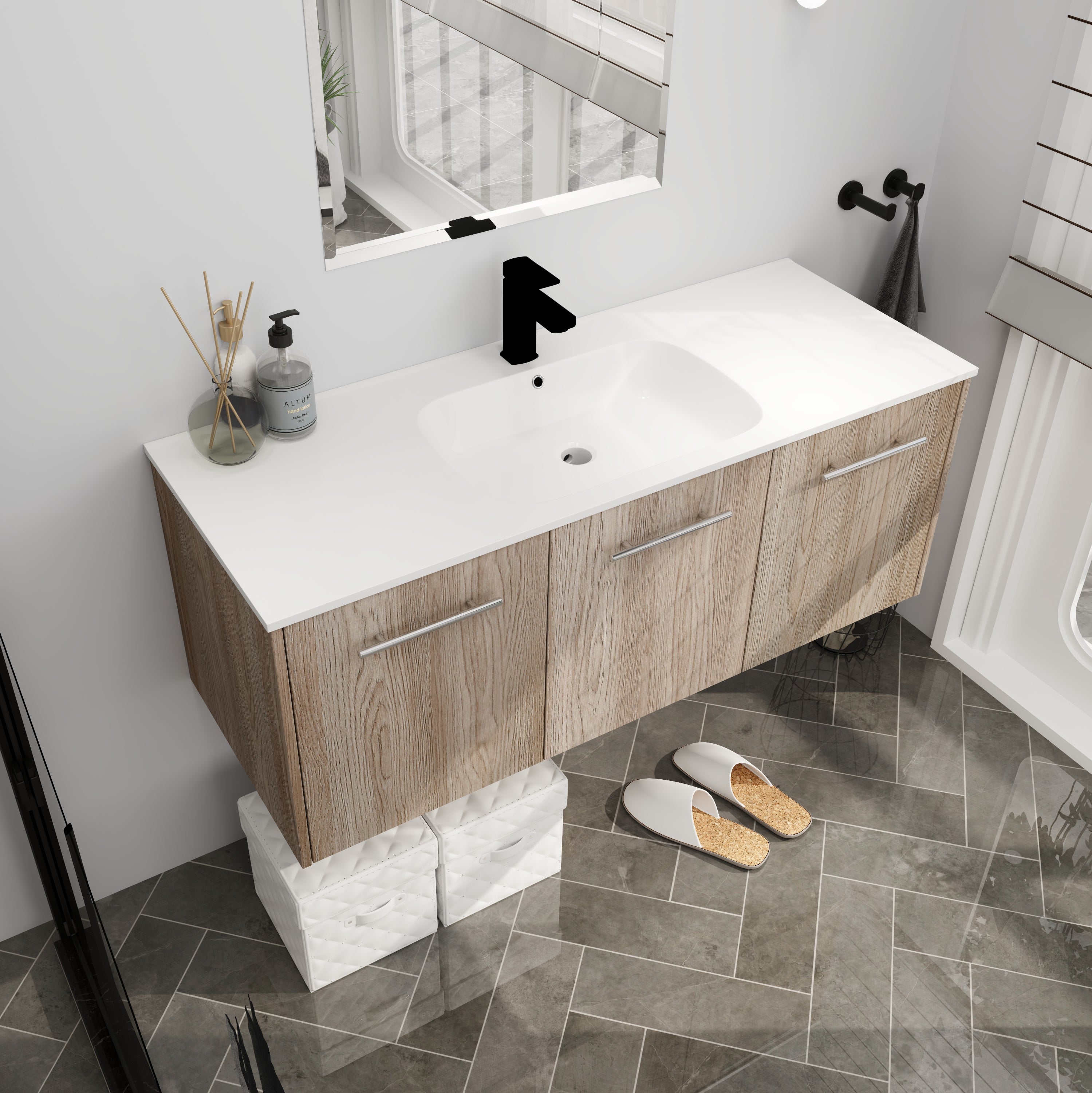 24 in. Plywood Wall Mounted Bathroom Vanity Set in White Oak with Integrated Ceramic