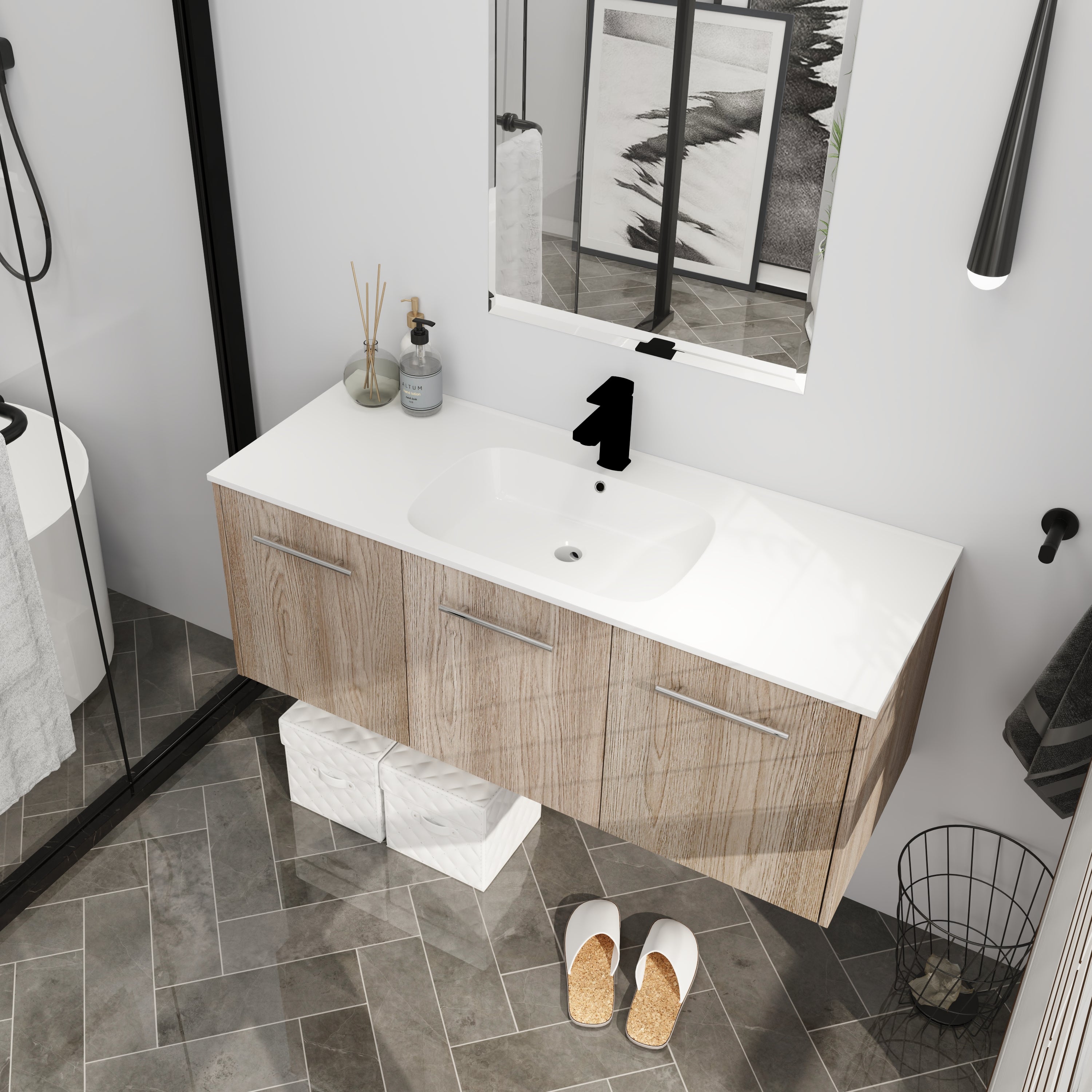 24 in. Plywood Wall Mounted Bathroom Vanity Set in White Oak with Integrated Ceramic