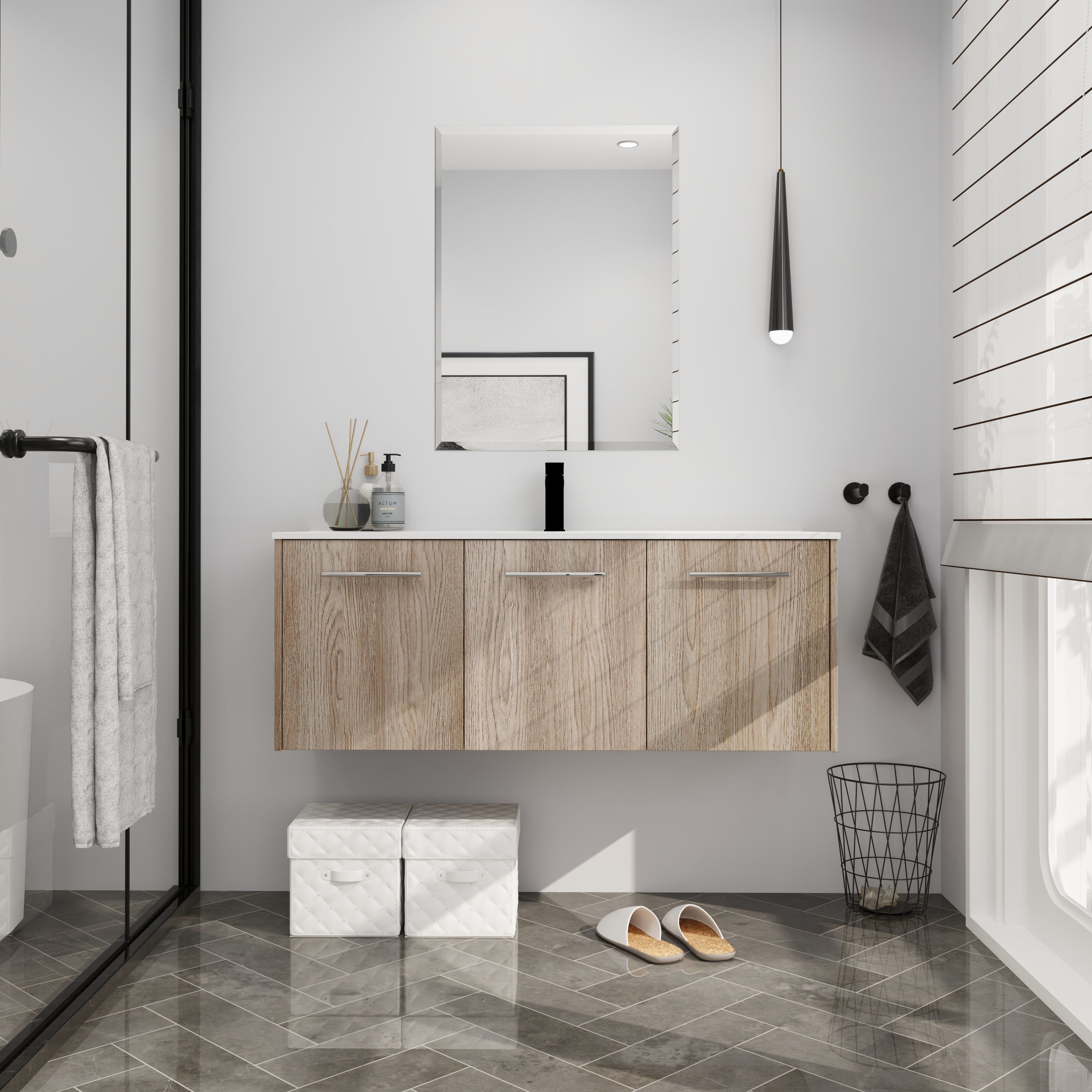 24 in. Plywood Wall Mounted Bathroom Vanity Set in White Oak with Integrated Ceramic