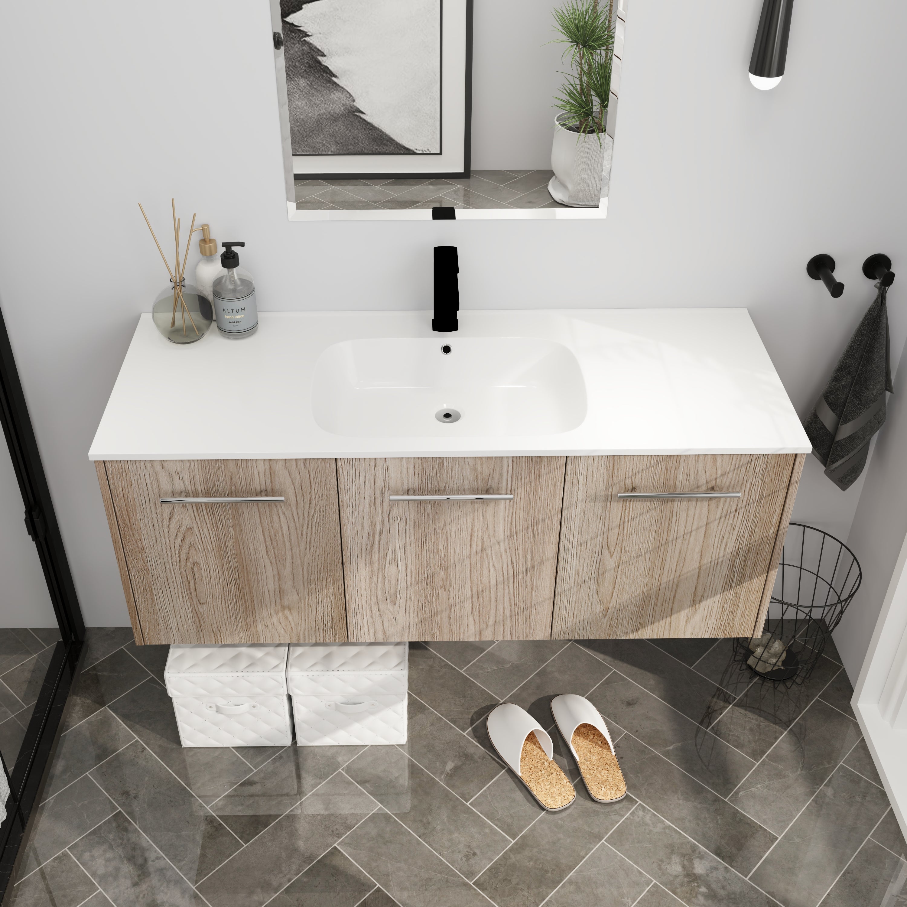 24 in. Plywood Wall Mounted Bathroom Vanity Set in White Oak with Integrated Ceramic