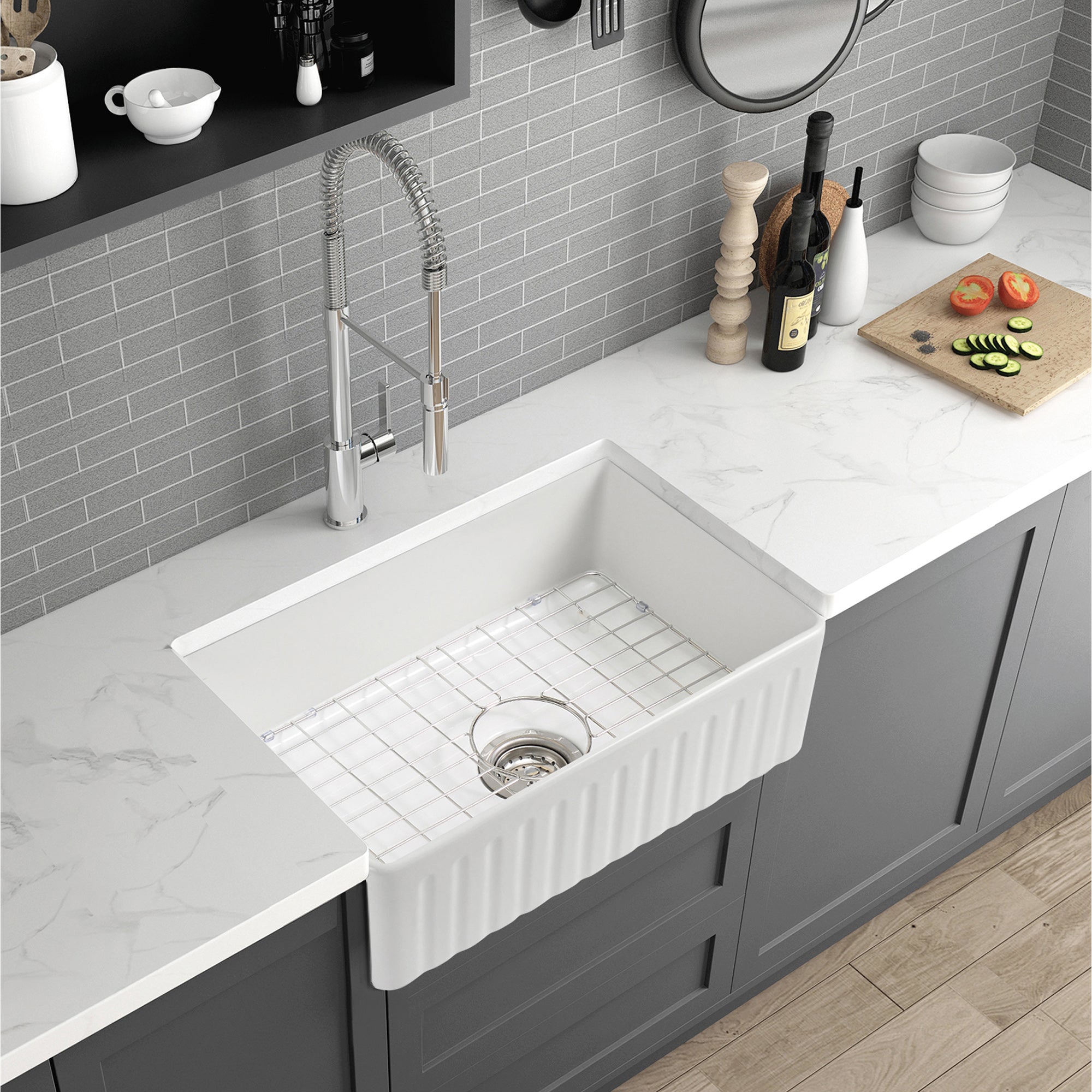 White Fireclay 33 in. Single Bowl Farmhouse Apron Kitchen Sink with Accessories