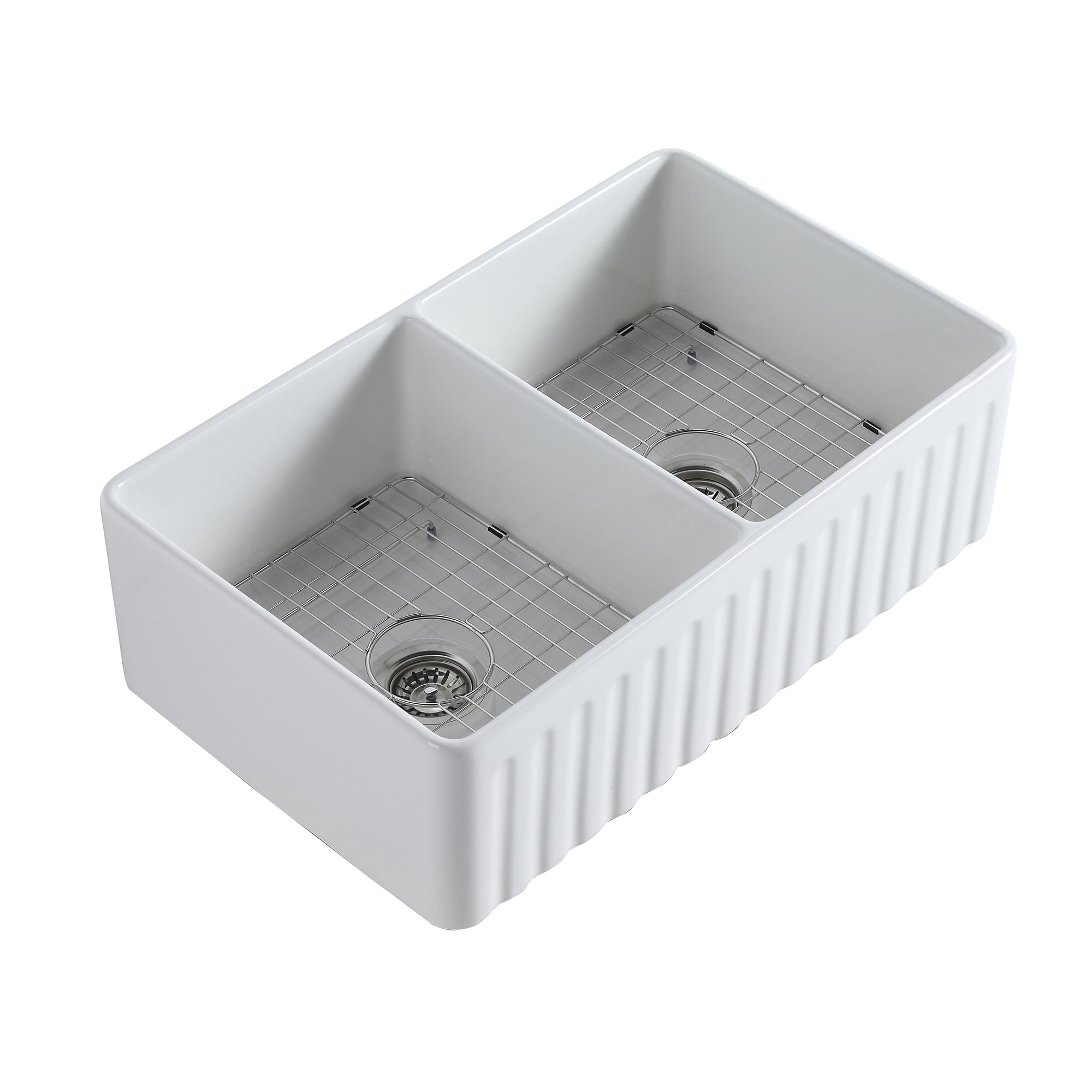 White Ceramic 33 in. Double Bowl Farmhouse Apron Kitchen Sink with Basket Strainer