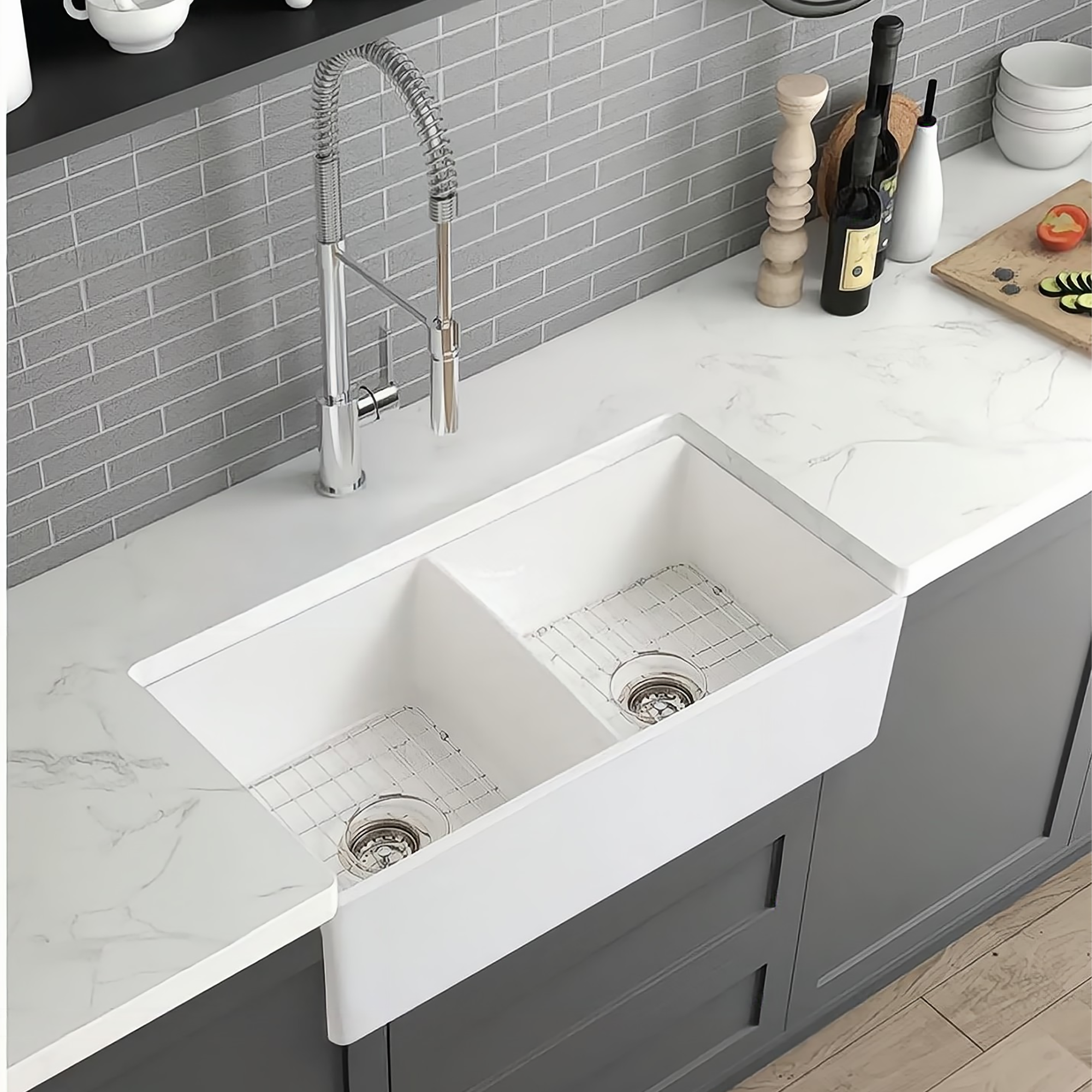 White Ceramic 33 in. Double Bowl Farmhouse Apron Kitchen Sink with Basket Strainer