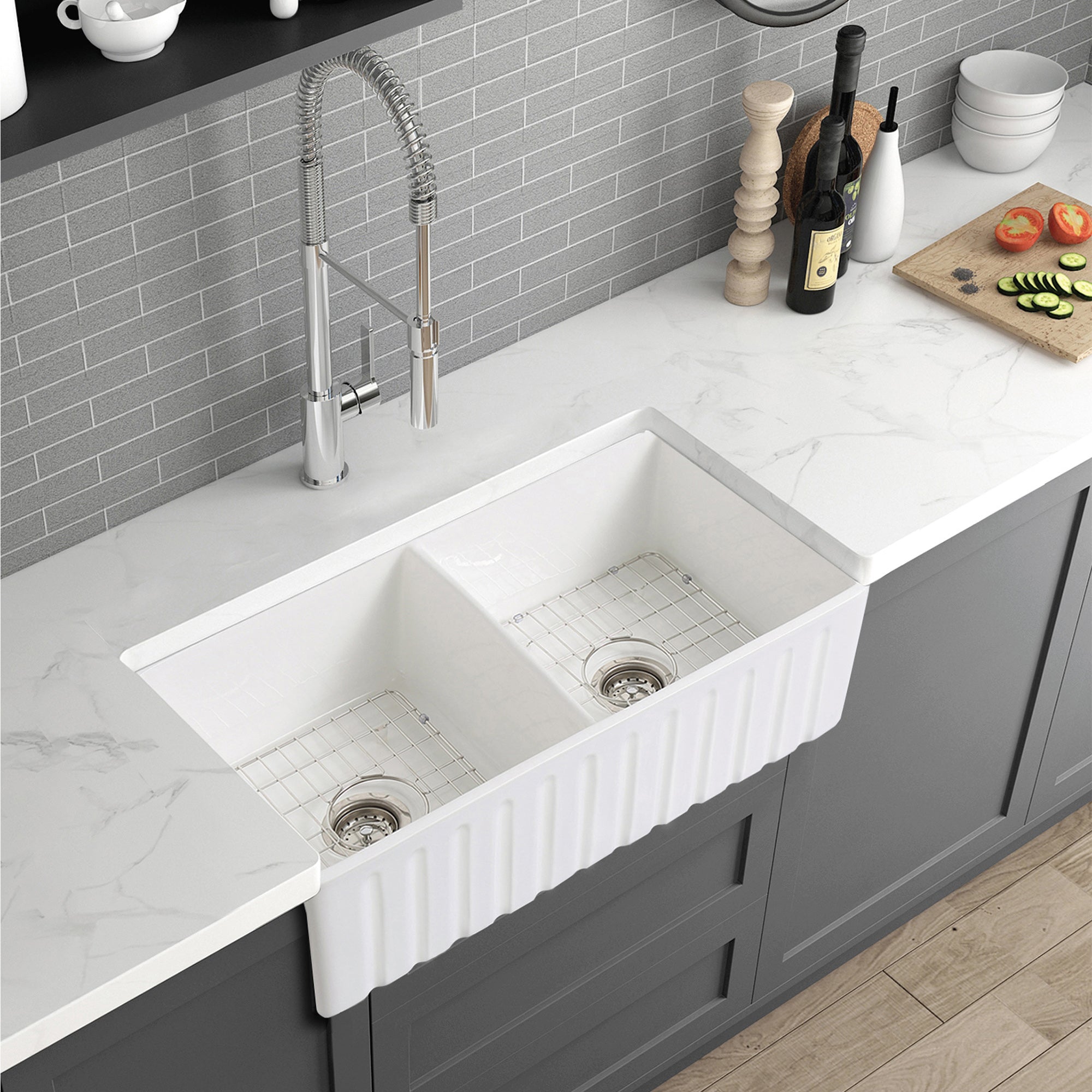 White Ceramic 33 in. Double Bowl Farmhouse Apron Kitchen Sink with Basket Strainer