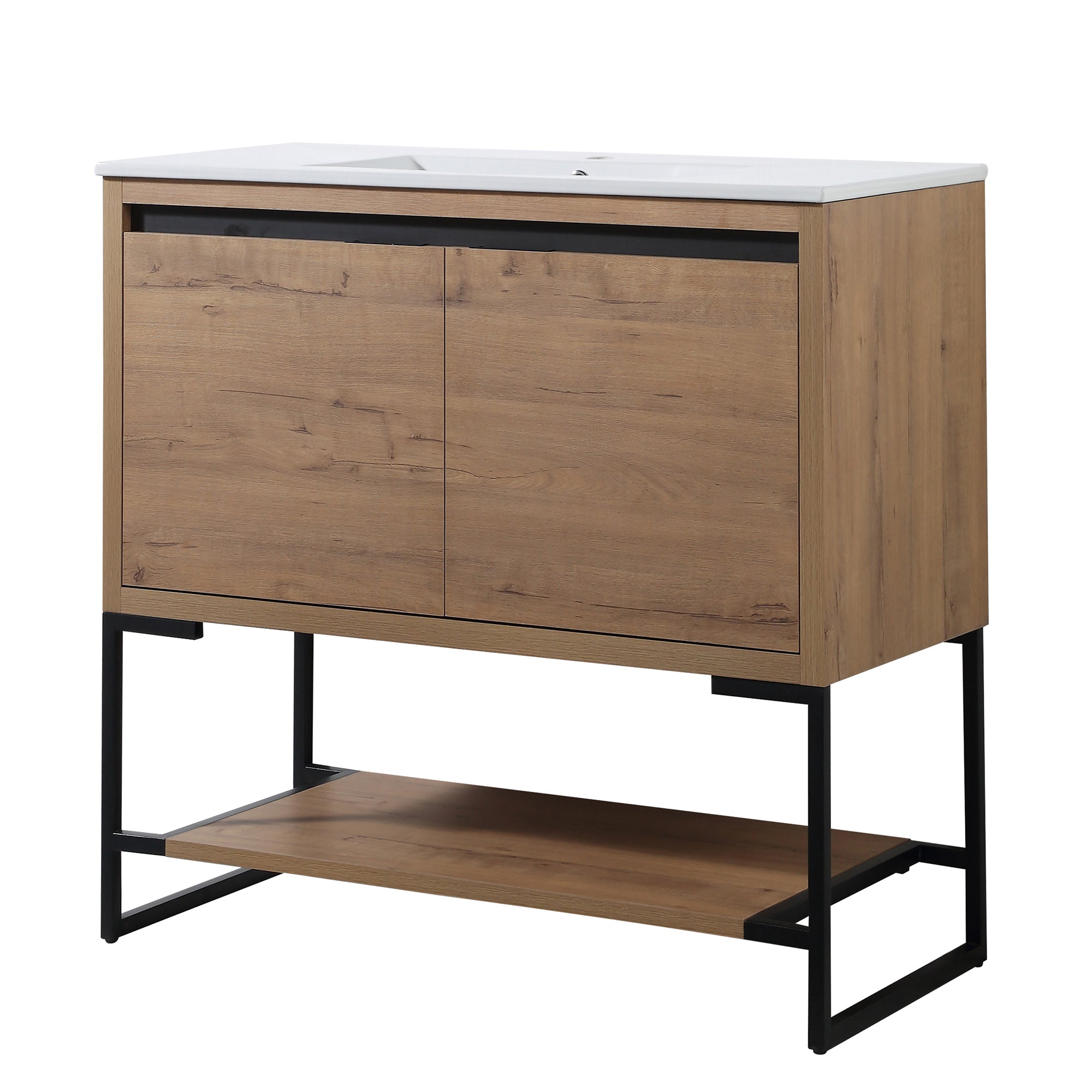 36 in. W x 18 in. D x 35 in. H Bath Vanity Set in Imitative Oak with Cultured Marble Vanity Top in White with White Basin