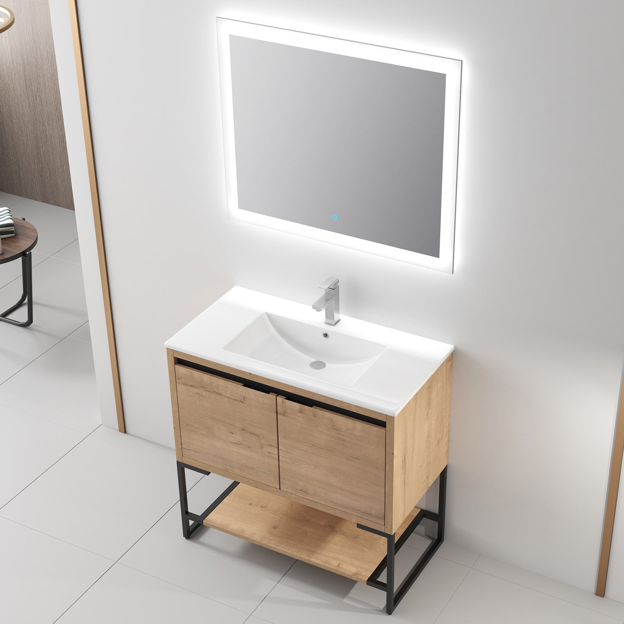 36 in. W x 18 in. D x 35 in. H Bath Vanity Set in Imitative Oak with Cultured Marble Vanity Top in White with White Basin