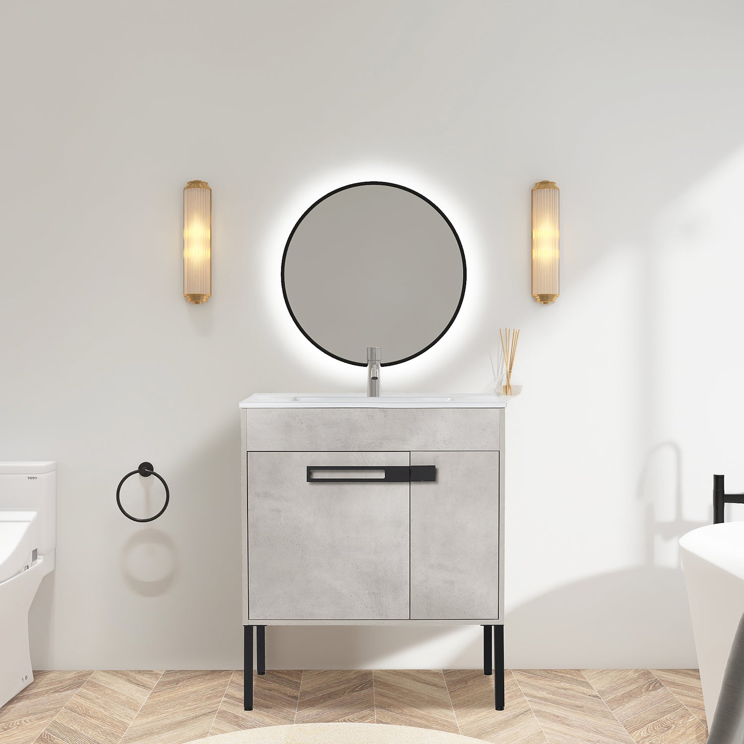 30 in. W x 18 in. D x 34 in. H Bath Vanity Set in Cement Grey with Ceramic Vanity Top in White with White Basin