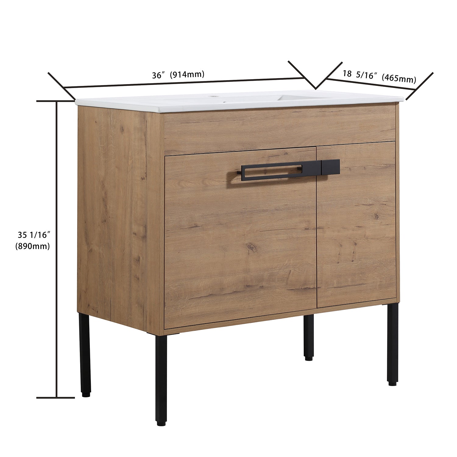 36 in. W x 18 in. D x 35 in. H Bath Vanity Set in Imitative Oak with Cultured Marble Vanity Top in White with White Basin