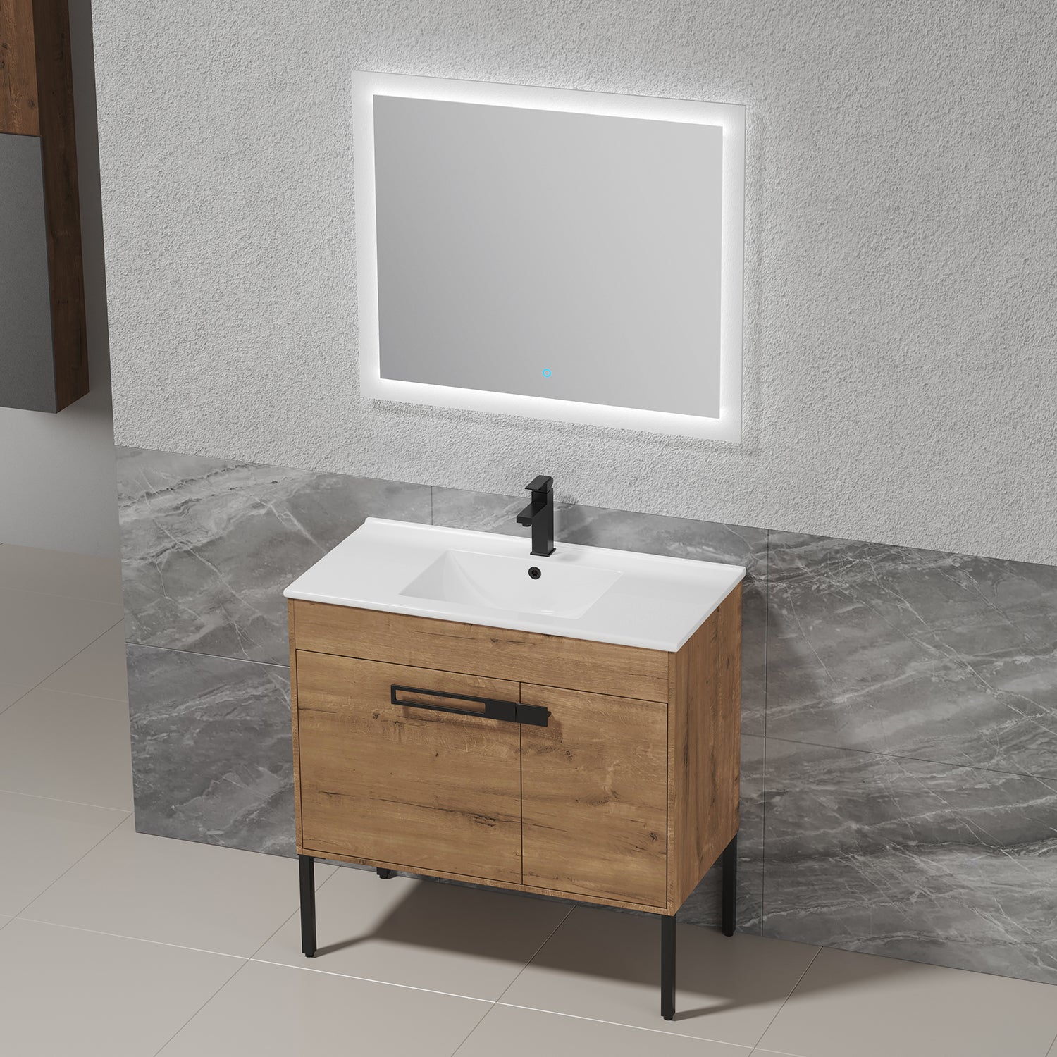 36 in. W x 18 in. D x 35 in. H Bath Vanity Set in Imitative Oak with Cultured Marble Vanity Top in White with White Basin