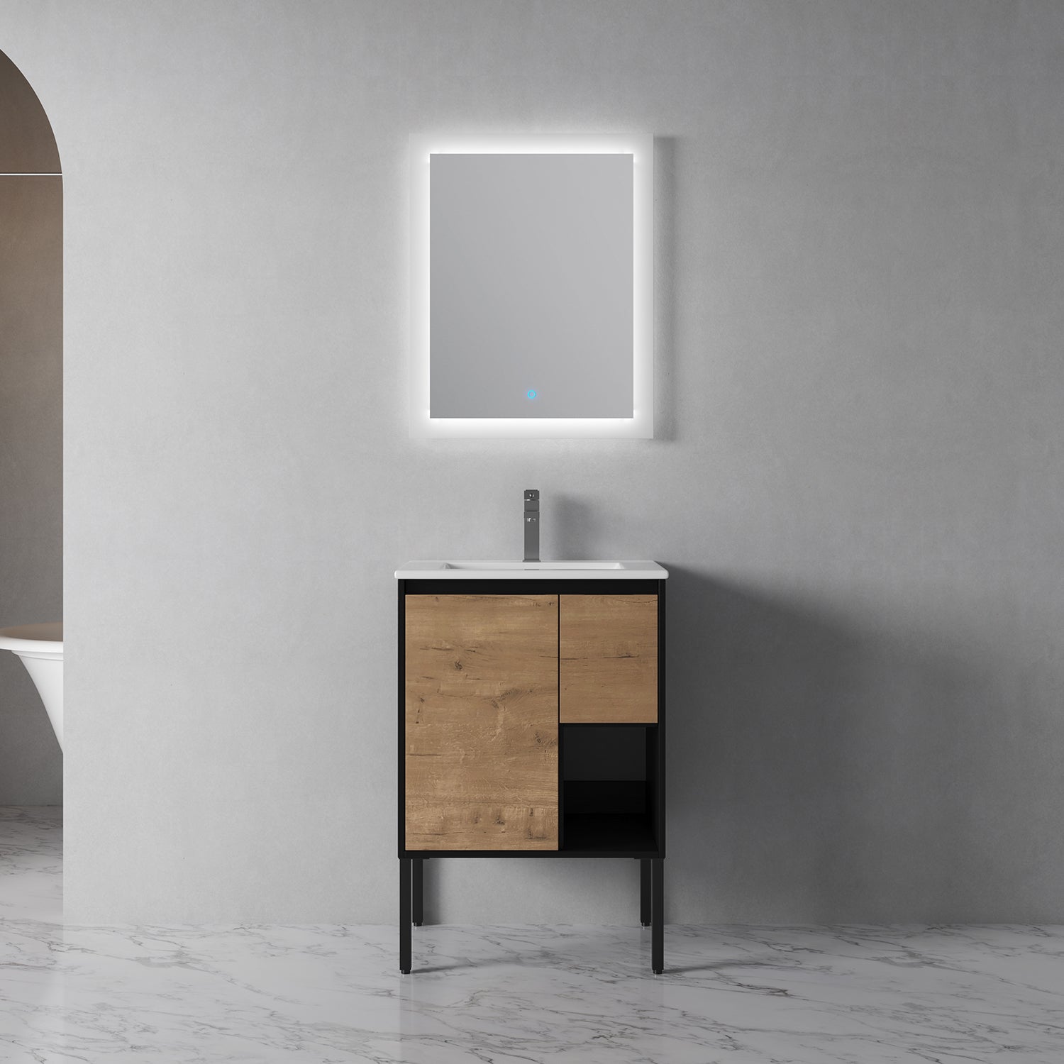 24 in. W x 18 in. D Bath Vanity Set in Imitative Oak with Cultured Marble Vanity Top in White with White Basin