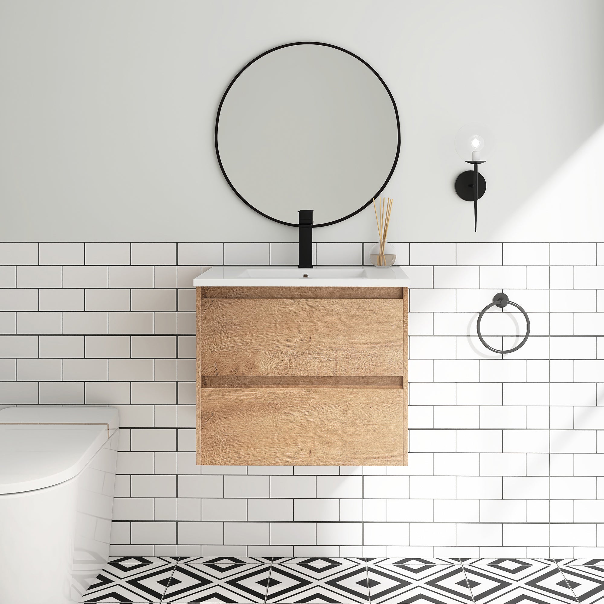 24 in. Plywood Wall-Mounted Bathroom Vanity Set with Culture Marble Sink and Soft-close Drawers