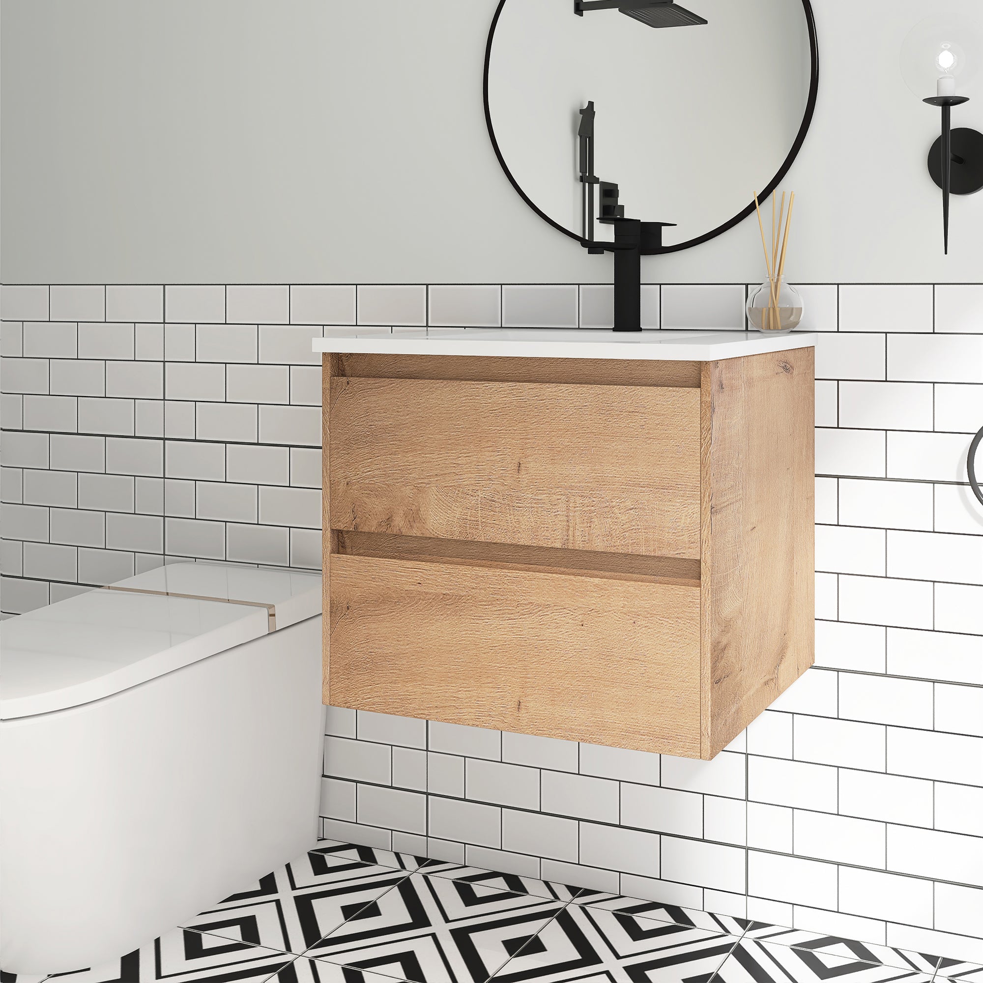 24 in. Plywood Wall-Mounted Bathroom Vanity Set with Culture Marble Sink and Soft-close Drawers