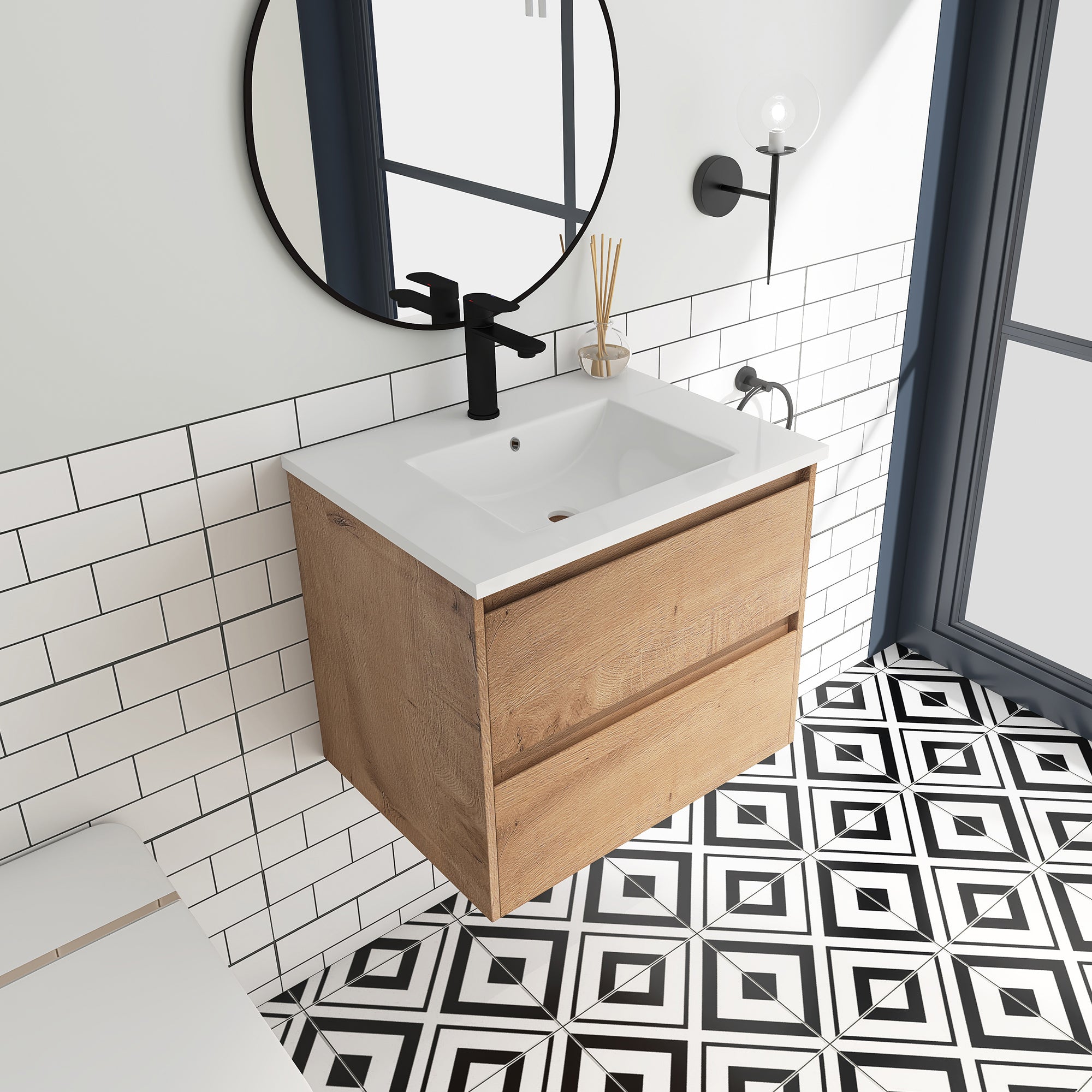 24 in. Plywood Wall-Mounted Bathroom Vanity Set with Culture Marble Sink and Soft-close Drawers