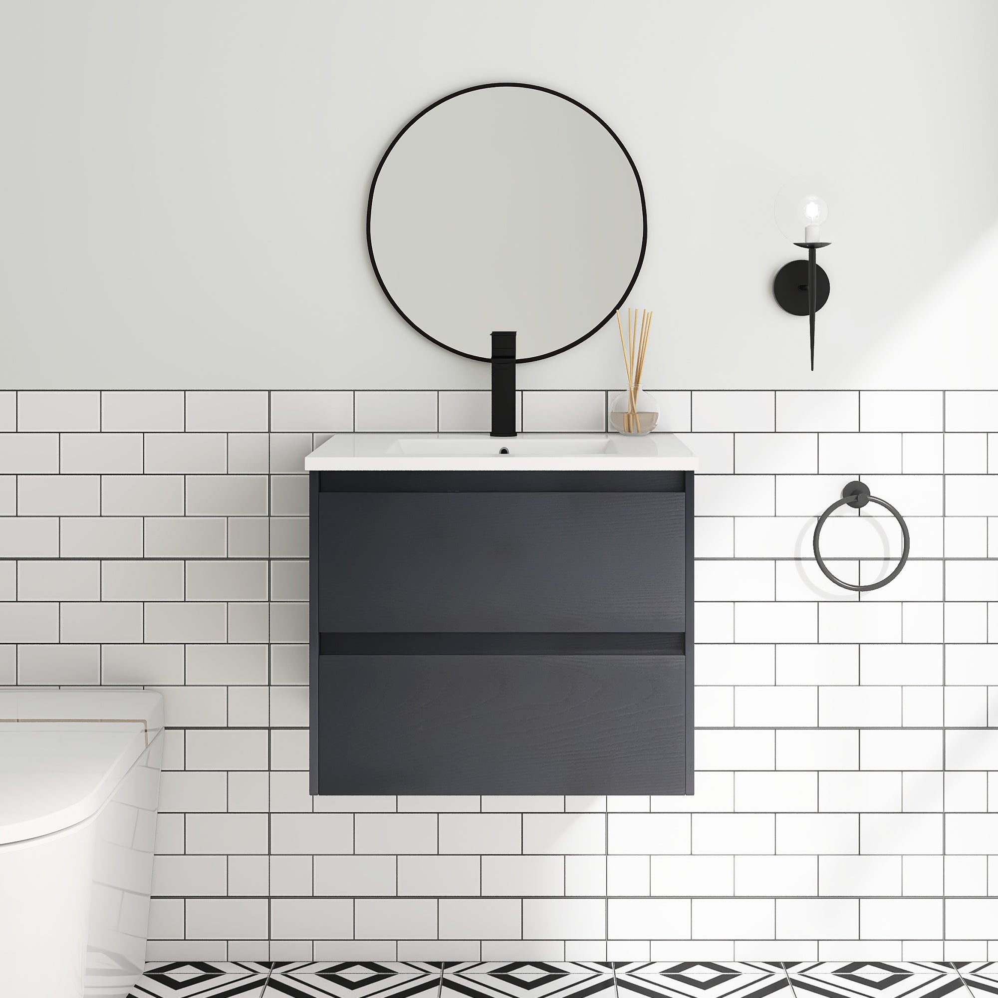 24 in. Plywood Wall-Mounted Bathroom Vanity Set with Culture Marble Sink and Soft-close Drawers