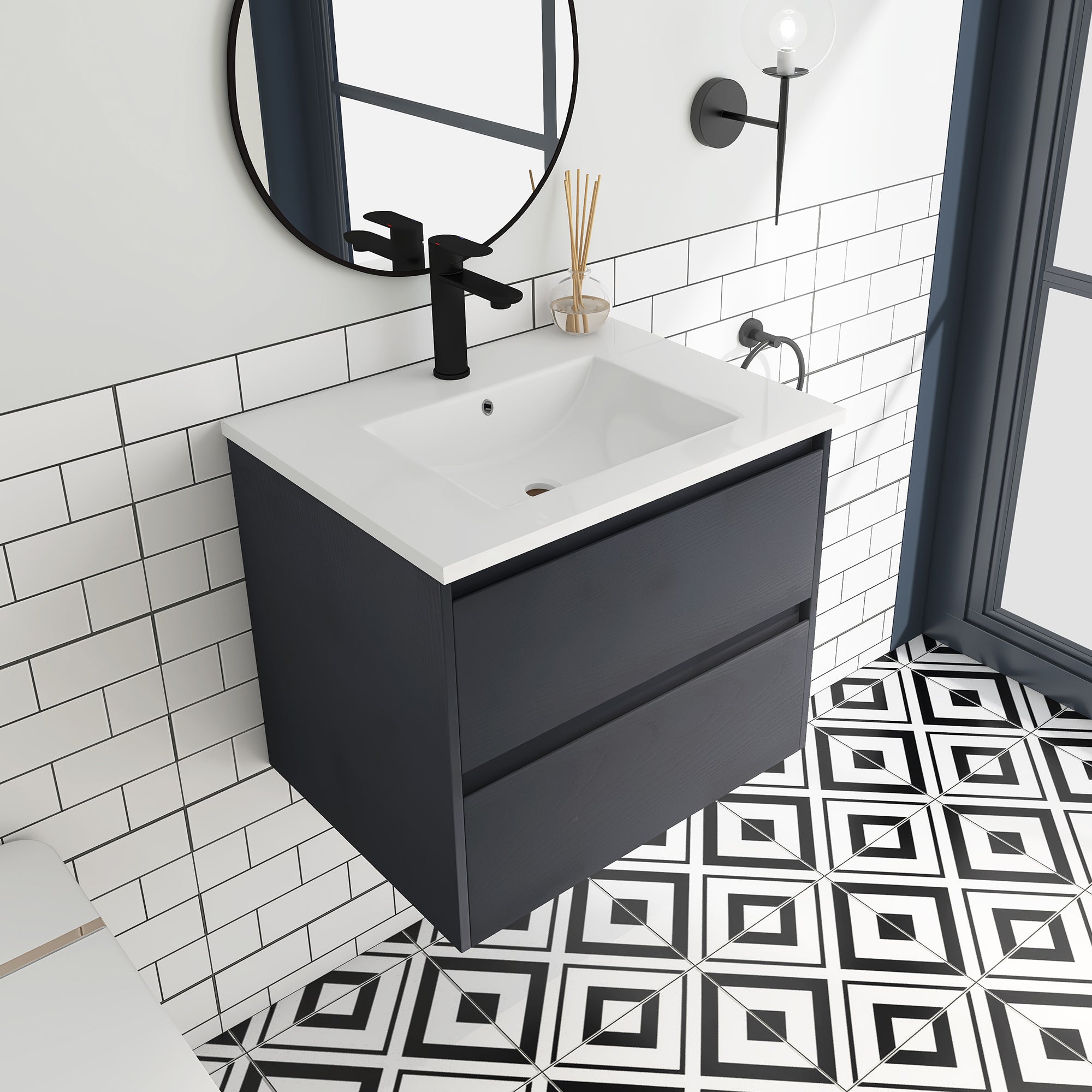 24 in. Plywood Wall-Mounted Bathroom Vanity Set with Culture Marble Sink and Soft-close Drawers