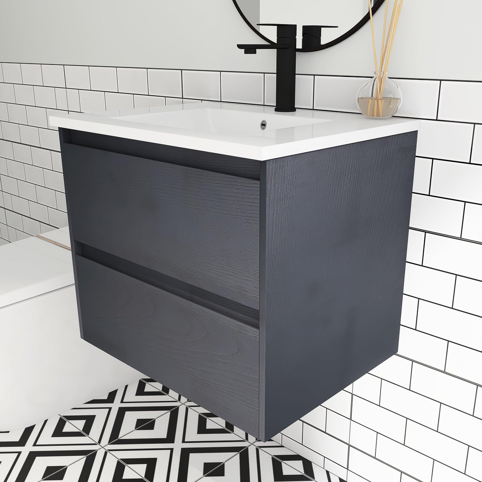 24 in. Plywood Wall-Mounted Bathroom Vanity Set with Culture Marble Sink and Soft-close Drawers