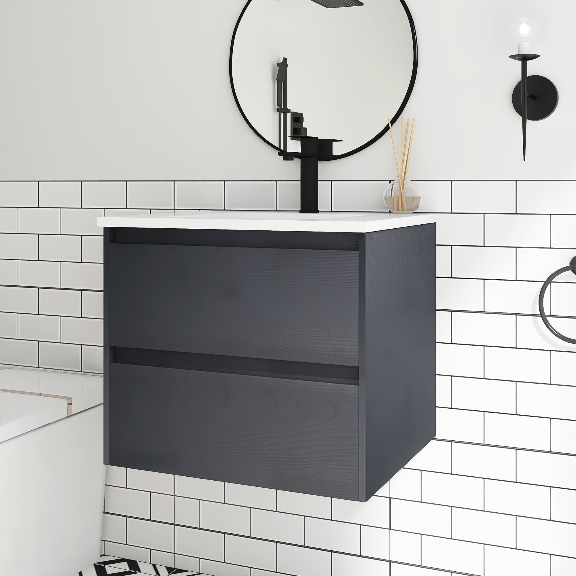 24 in. Plywood Wall-Mounted Bathroom Vanity Set with Culture Marble Sink and Soft-close Drawers