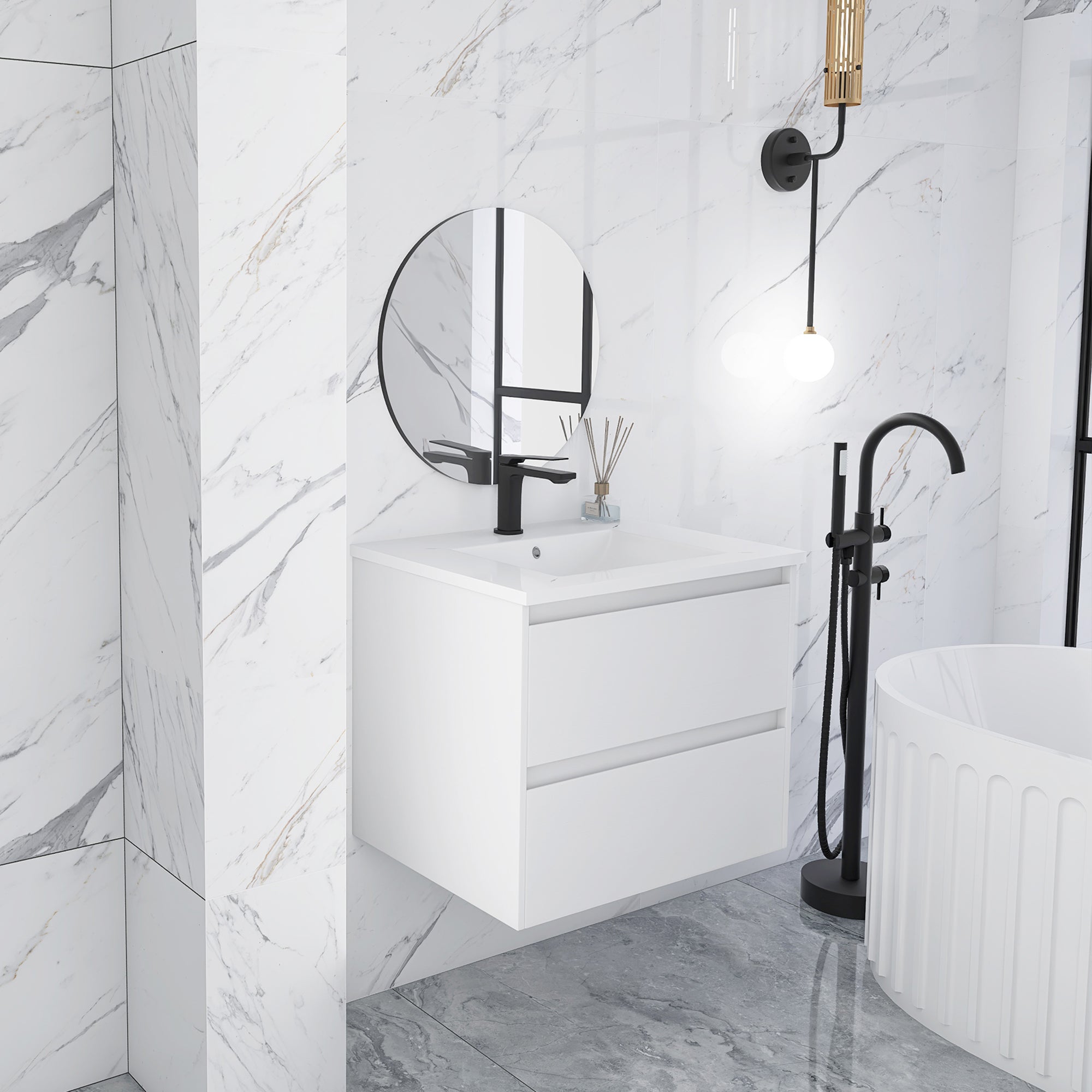 24 in. Plywood Wall-Mounted Bathroom Vanity Set with Culture Marble Sink and Soft-close Drawers