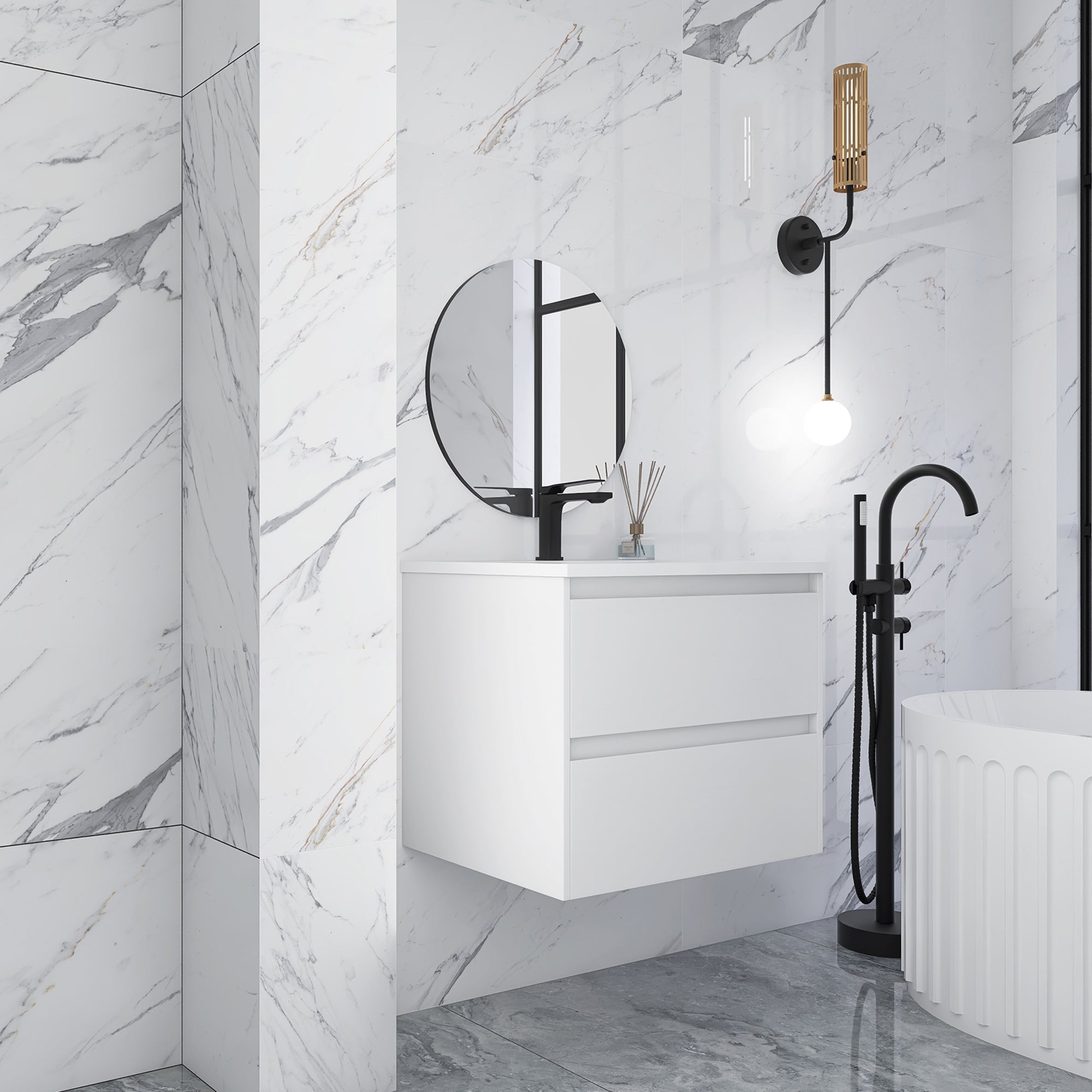 24 in. Plywood Wall-Mounted Bathroom Vanity Set with Culture Marble Sink and Soft-close Drawers
