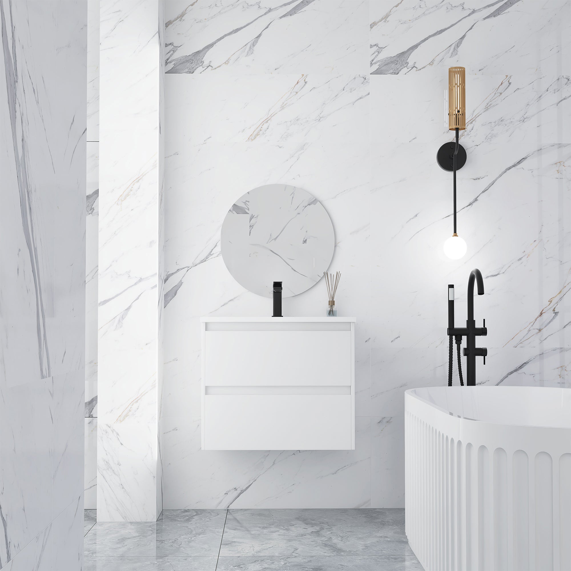 24 in. Plywood Wall-Mounted Bathroom Vanity Set with Culture Marble Sink and Soft-close Drawers