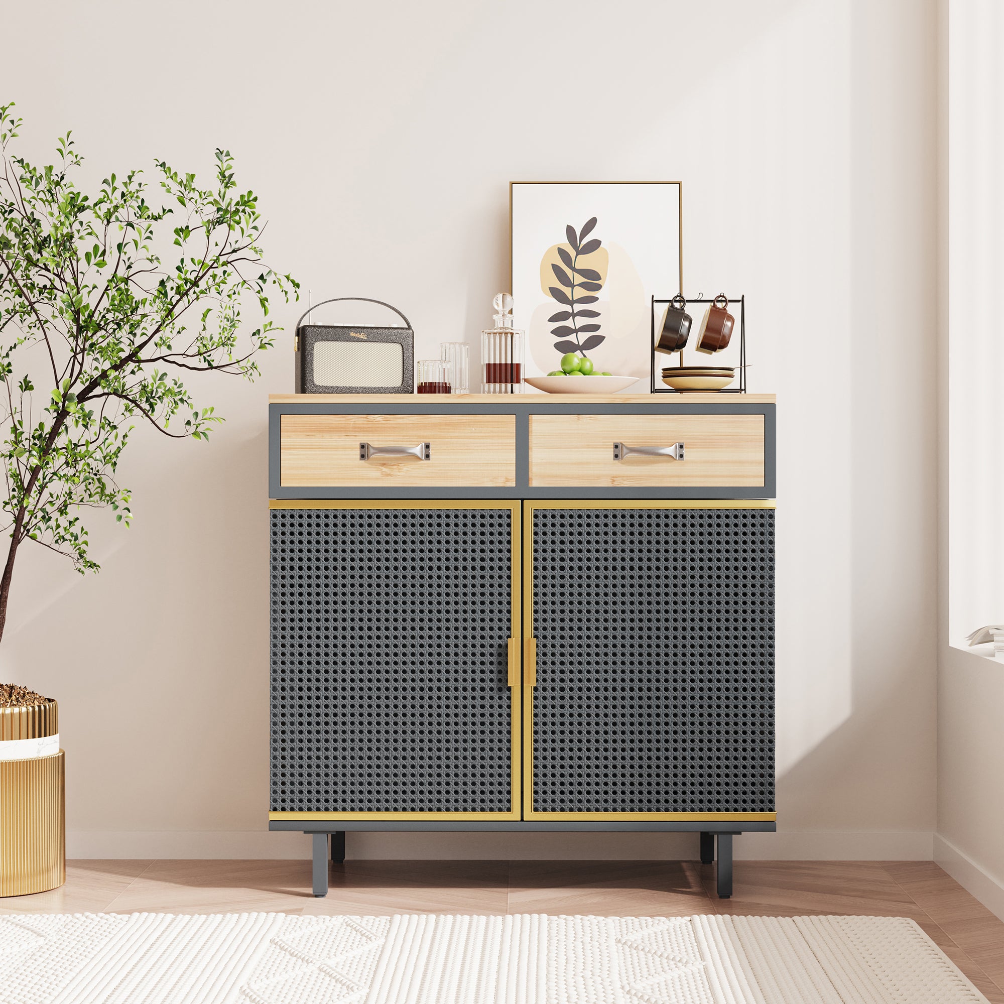 32" Tall Metal 2-door Accent Cabinet with 2-drawer